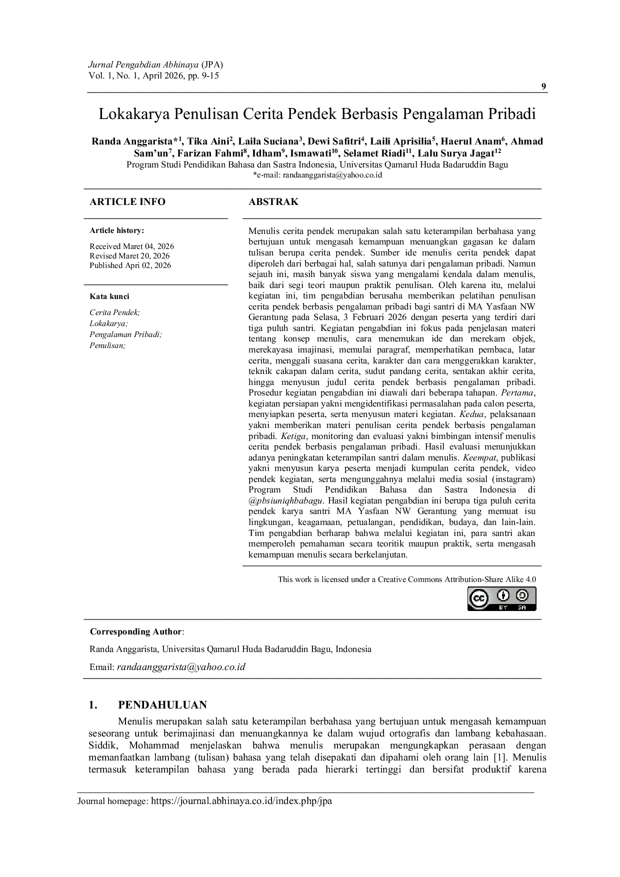 JURIS Lokakarya Penulisan Cerita Pendek Berbasis Pengalaman Pribadi