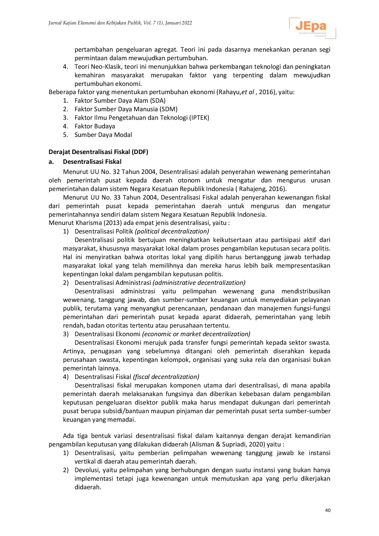 JURIS Analisis Pengaruh Derajat Desentralisasi Fiskal terhadap Pertumbuhan Ekonomi di Kota Pematangsiantar
