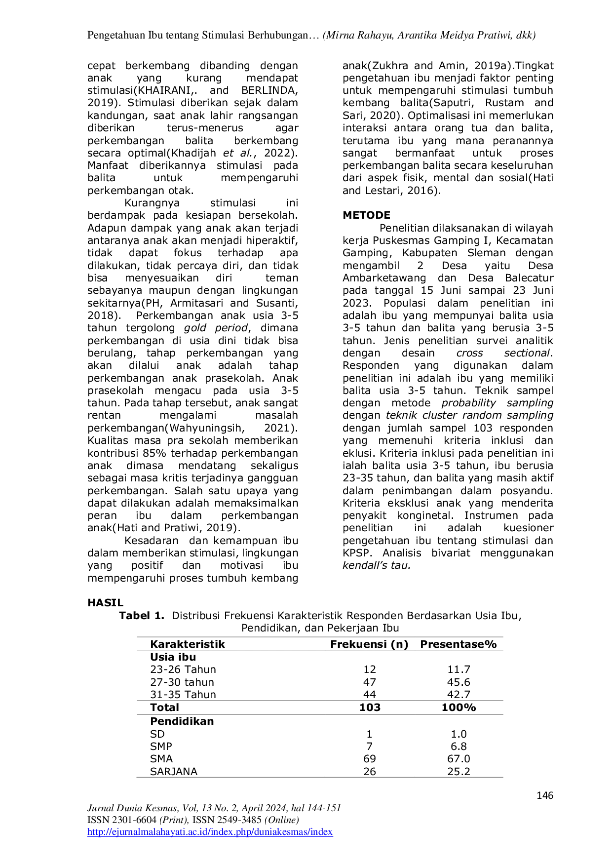 JURIS Pengetahuan Ibu tentang Stimulasi Berhubungan dengan Perkembangan Balita Usia 3 5 Tahun