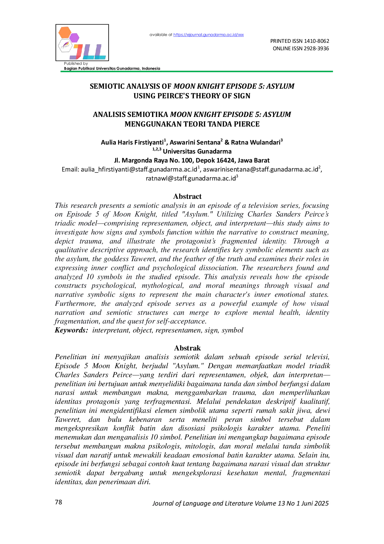 JURIS SEMIOTIC ANALYSIS OF MOON KNIGHT EPISODE 5 ASYLUM USING PEIRCE S THEORY OF SIGN