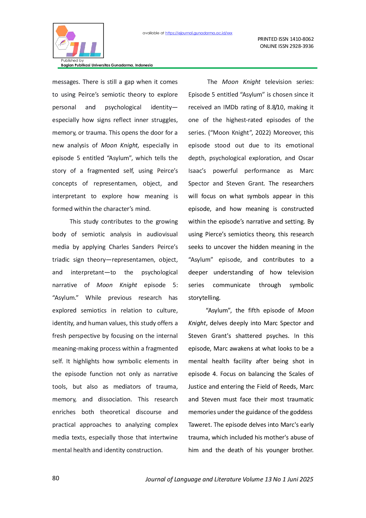 JURIS SEMIOTIC ANALYSIS OF MOON KNIGHT EPISODE 5 ASYLUM USING PEIRCE S THEORY OF SIGN