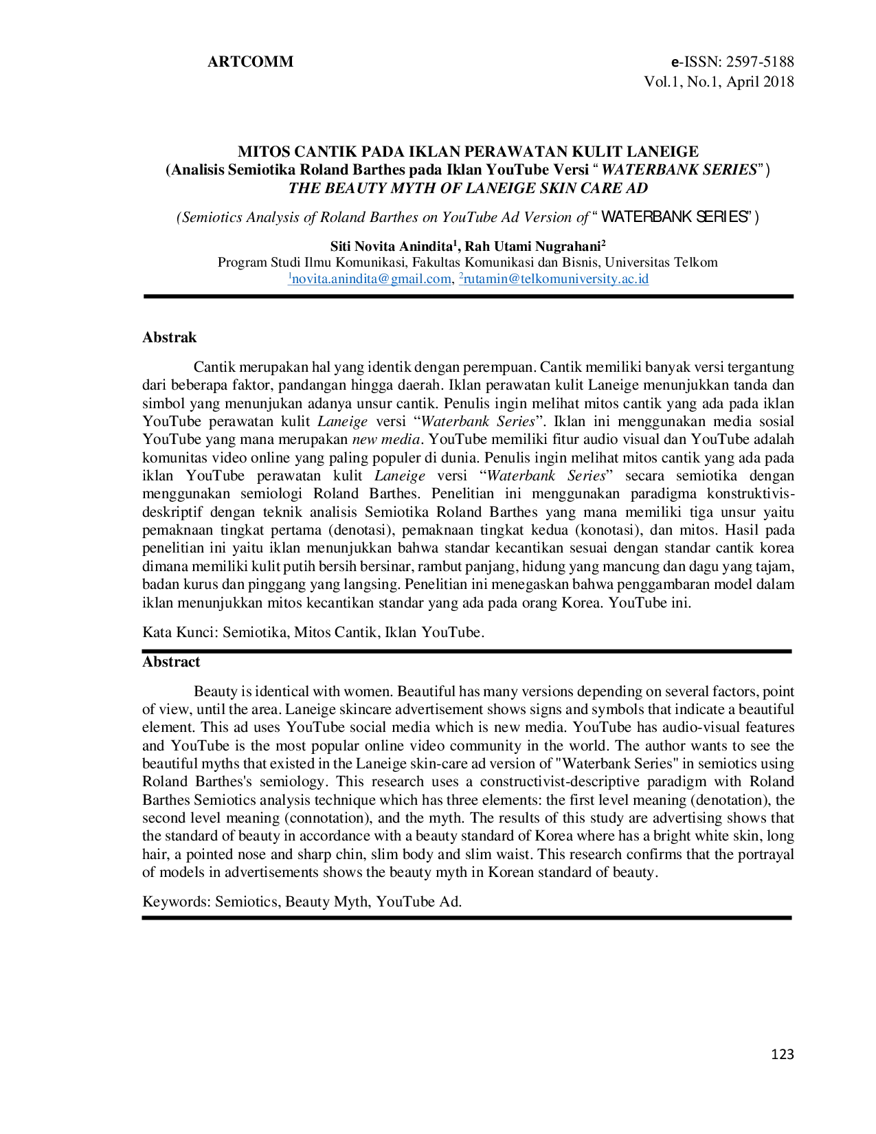 JURIS Mitos Cantik Pada Iklan Perawatan Kulit Laneige Analisis Semiotika Roland Barthes pada Iklan YouTube Versi Waterbank Series