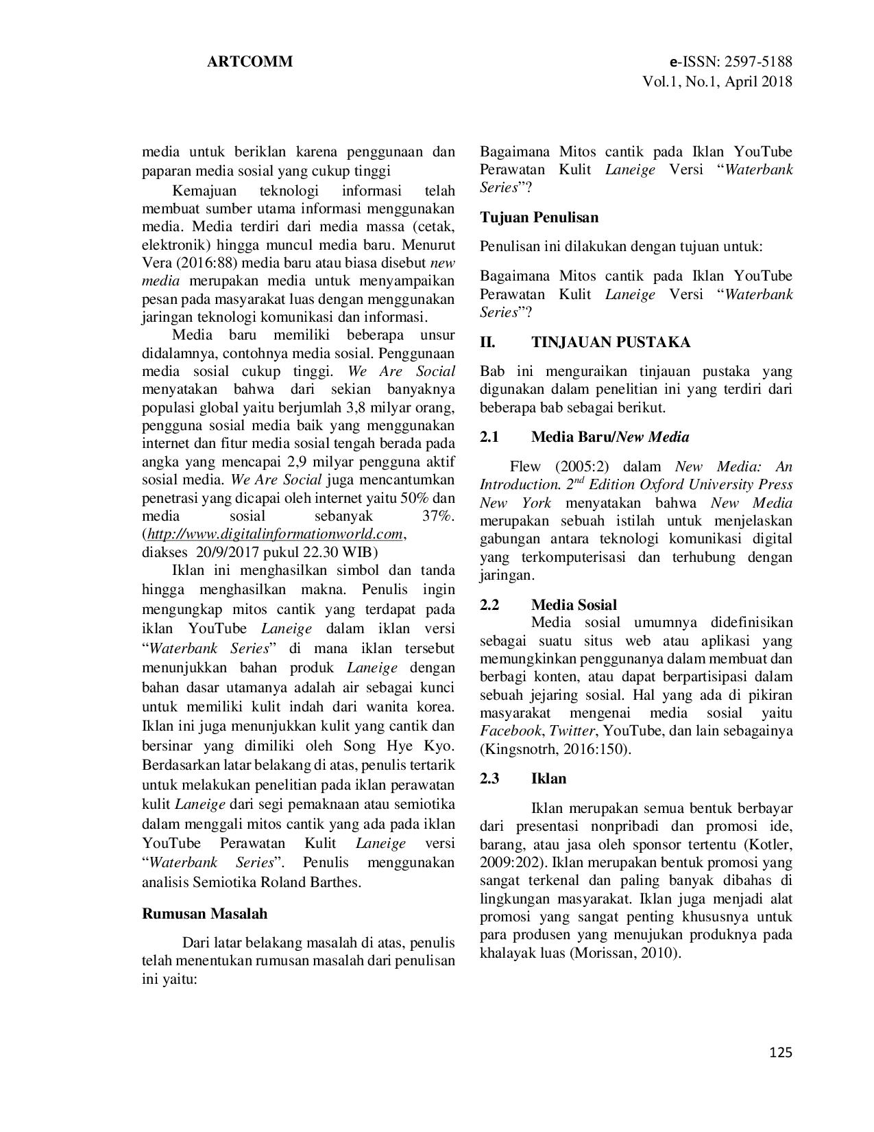 JURIS Mitos Cantik Pada Iklan Perawatan Kulit Laneige Analisis Semiotika Roland Barthes pada Iklan YouTube Versi Waterbank Series