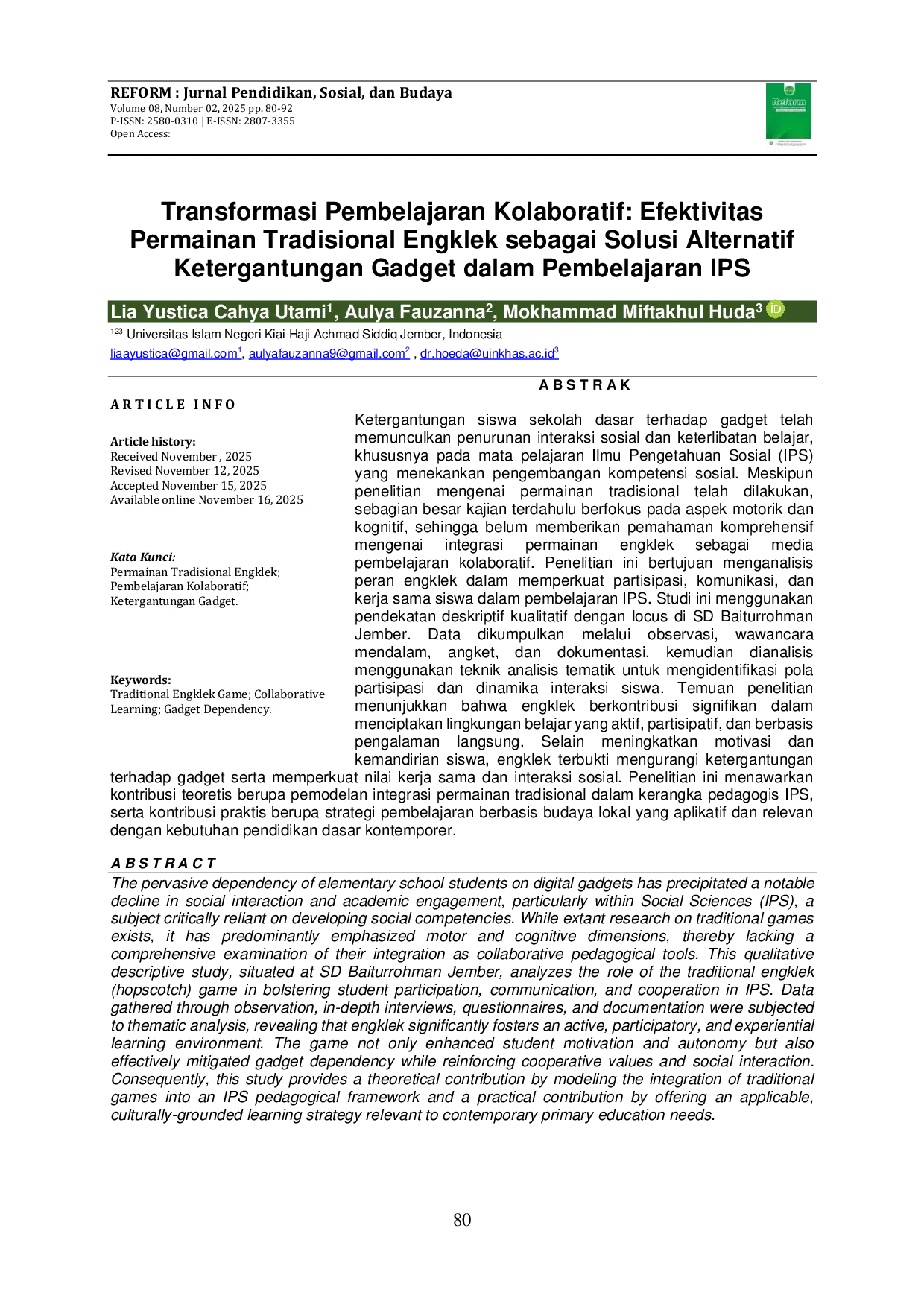 JURIS Transformasi Pembelajaran Kolaboratif Efektivitas Permainan Tradisional Engklek sebagai Solusi Alternatif Ketergantungan Gadget dalam Pembelajaran IPS