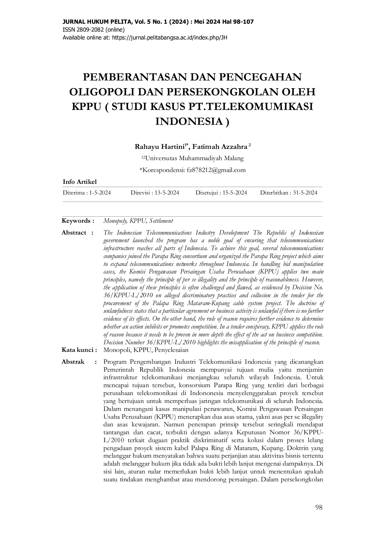JURIS Pemberantasan Dan Pencegahan Oligopoli dan Persekongkolan Oleh KPPU Studi Kasus PT Telekomumikasi Indonesia