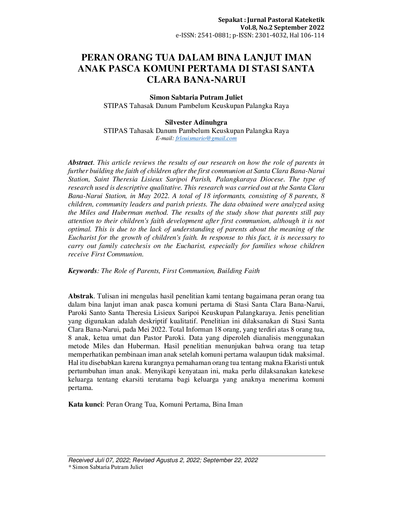 JURIS Peran Orang Tua Dalam Bina Lanjut Iman Anak Pasca Komuni Pertama Di Stasi Santa Clara Bana Narui