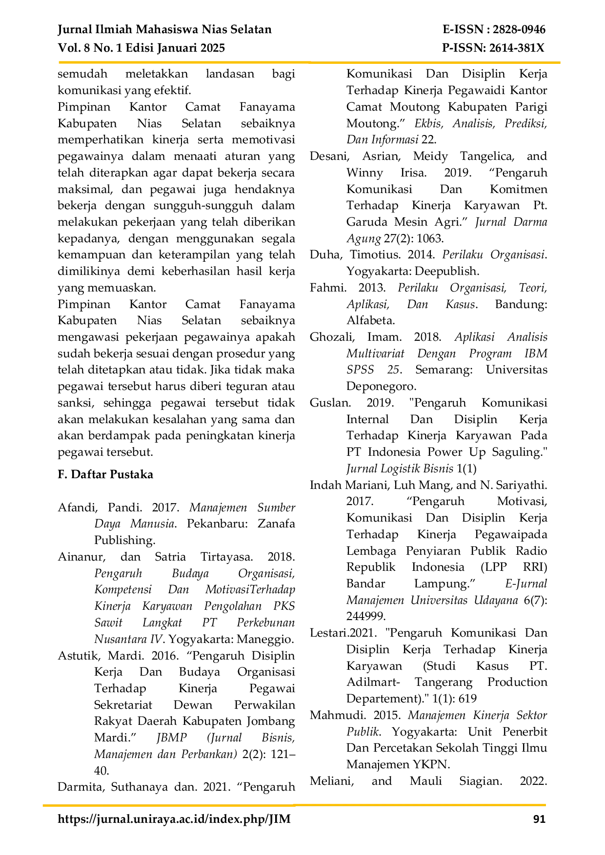 JURIS Pengaruh Komunikasi Dan Disiplin Kerja Terhadap Kinerja Pegawai Di Kantor Camat Fanayama Kabupaten Nias Selatan