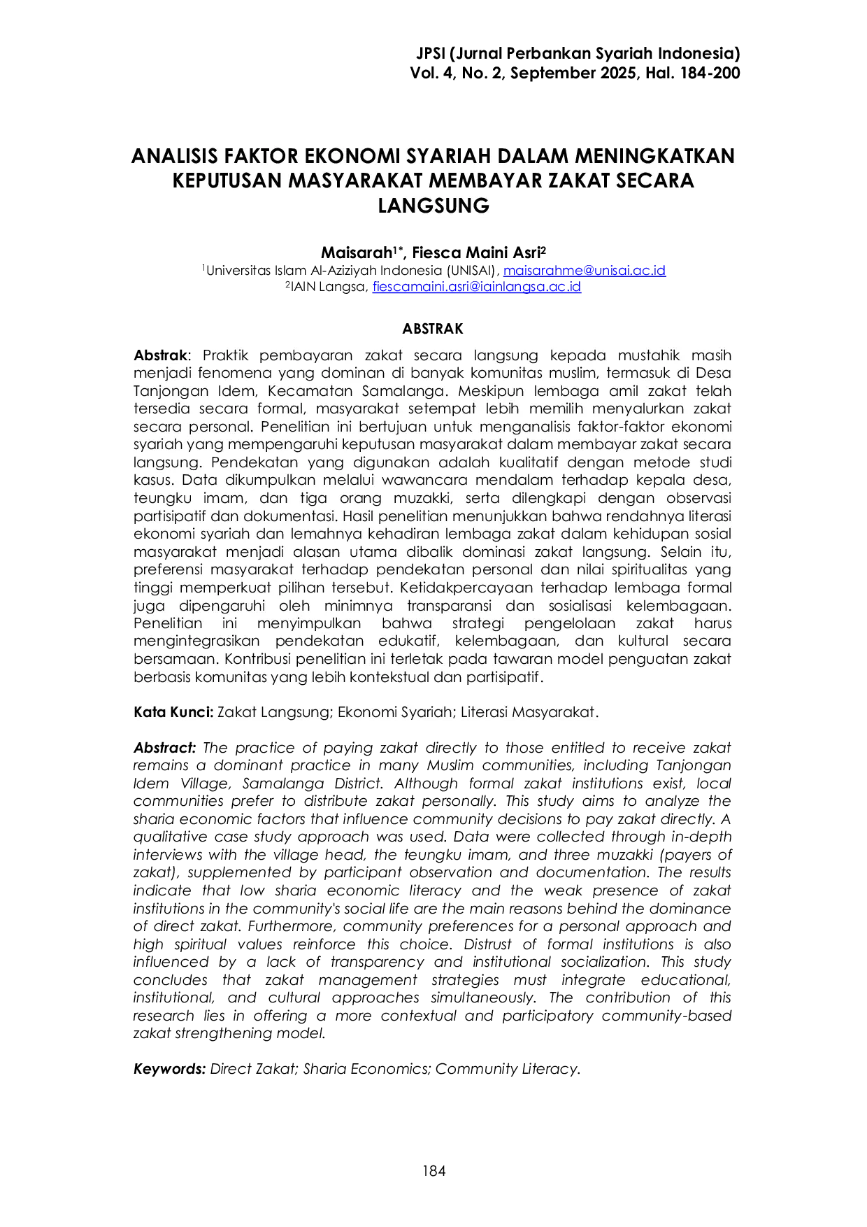 JURIS Analisis Faktor Ekonomi Syariah dalam Meningkatkan Keputusan Masyarakat Membayar Zakat Secara Langsung