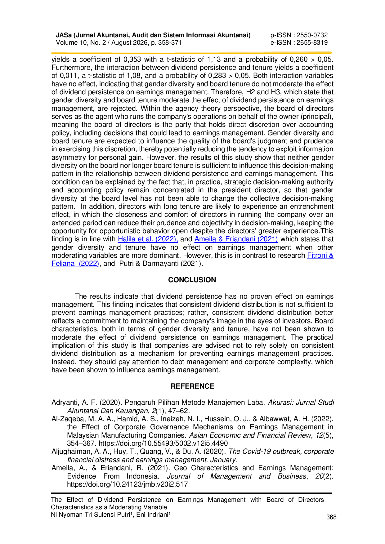 JURIS The Effect of Dividend Persistence on Earnings Management with Board of Directors Characteristics as a Moderating Variable
