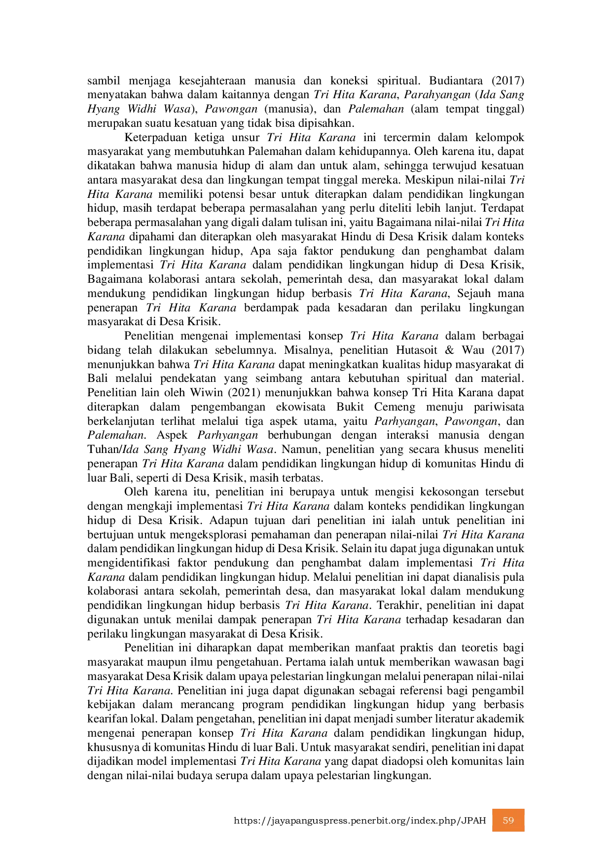 JURIS Harmoni Manusia Alam dan Tuhan dalam Praktik Tri Hita Karana pada Pendidikan Lingkungan Hidup di Desa Krisik