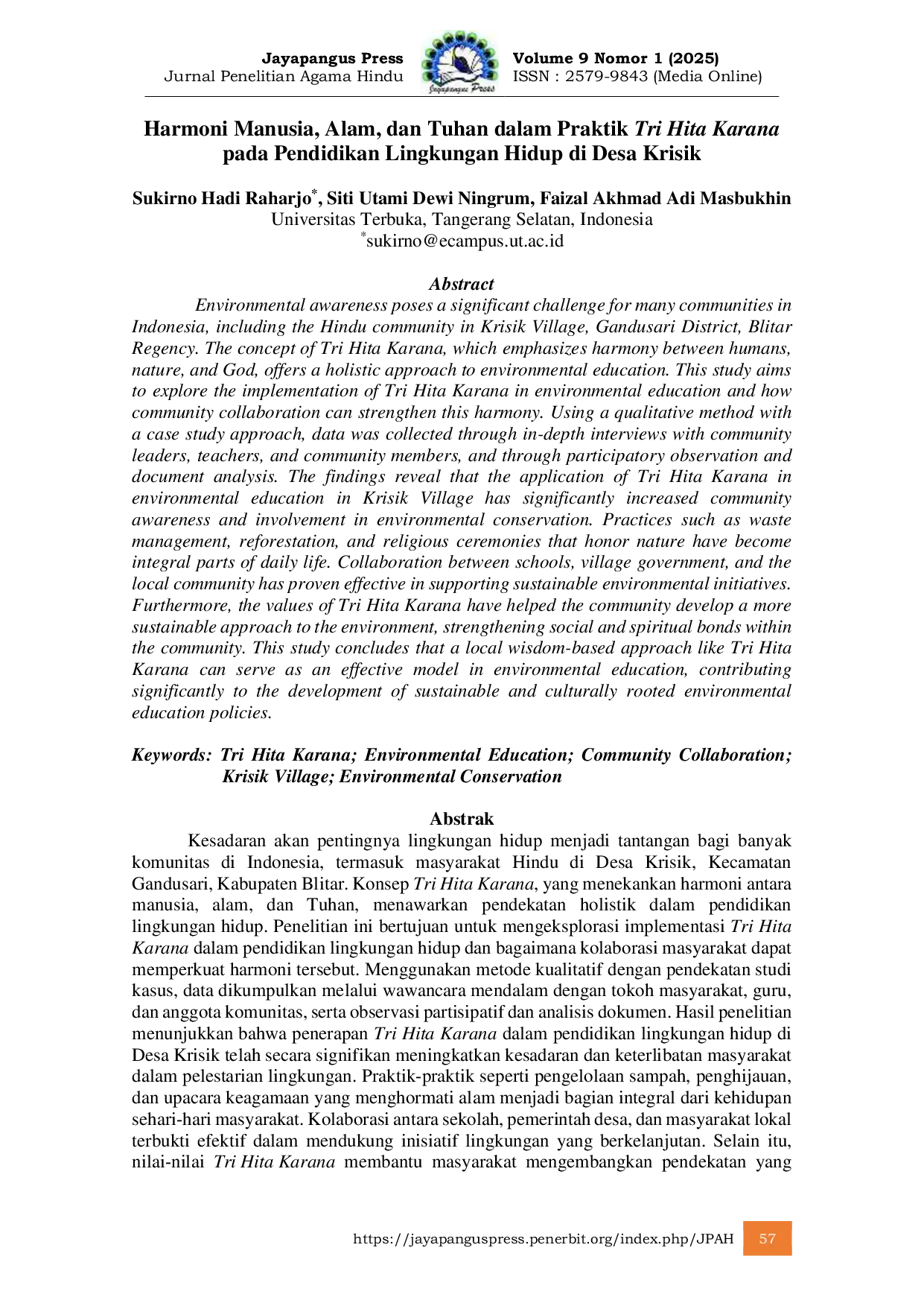 JURIS Harmoni Manusia Alam dan Tuhan dalam Praktik Tri Hita Karana pada Pendidikan Lingkungan Hidup di Desa Krisik