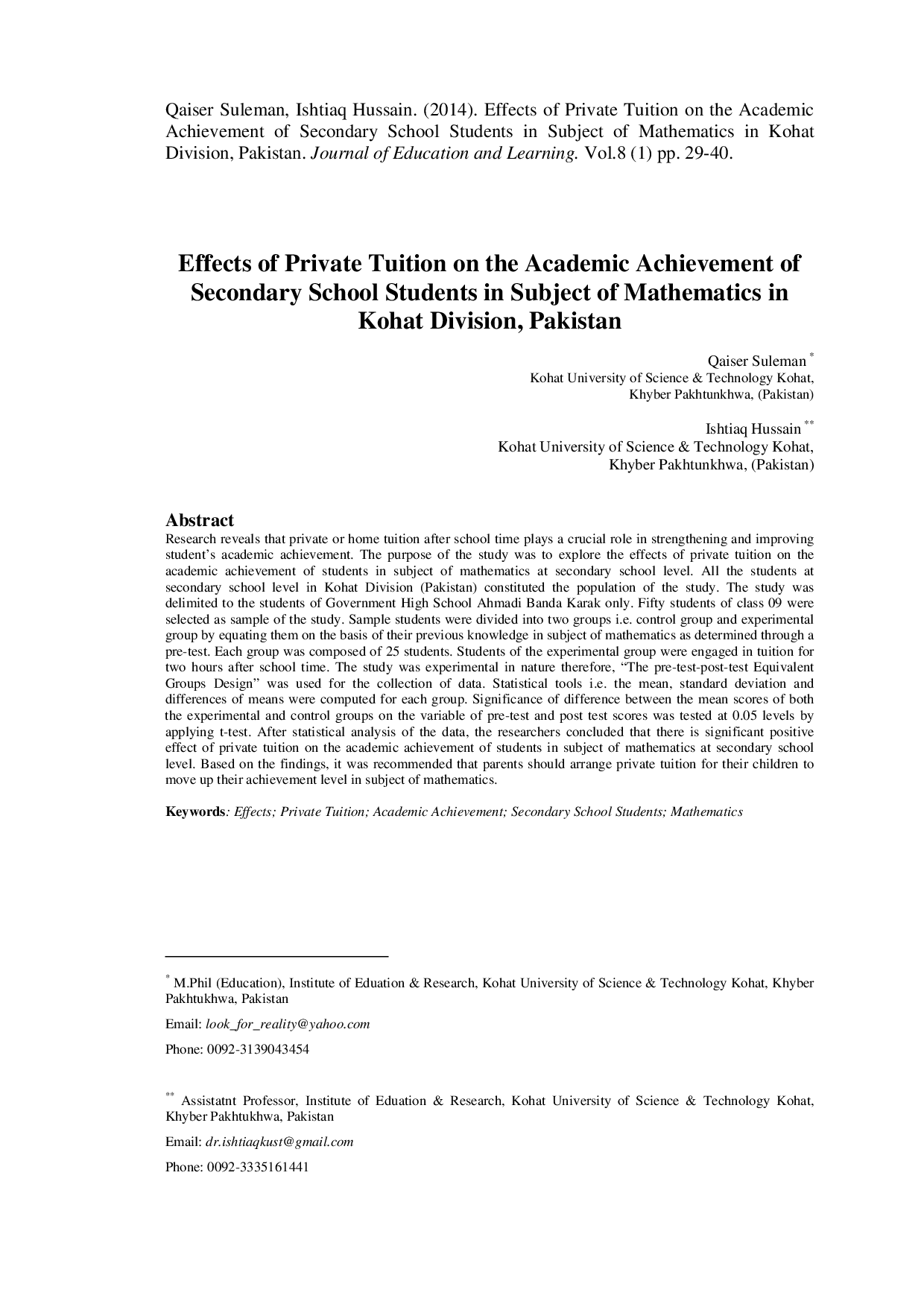 juris Effects of Private Tuition on the Academic Achievement of Secondary School Students in Subject of Mathematics in Kohat Division Pakistan