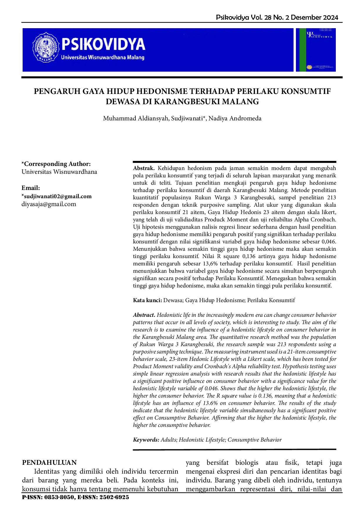 JURIS Pengaruh Gaya Hidup Hedonisme Terhadap Perilaku Konsumtif Dewasa Di Karangbesuki Malang