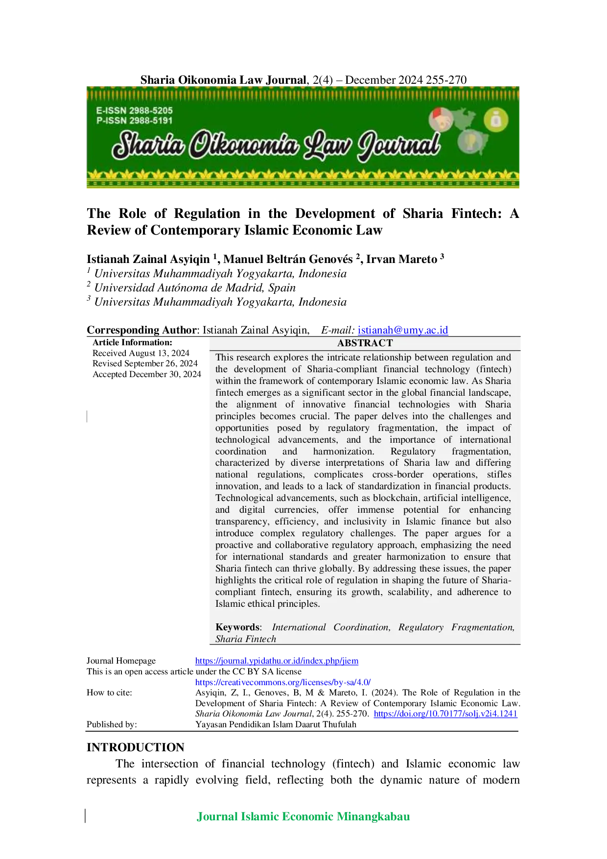 JURIS The Role of Regulation in the Development of Sharia Fintech A Review of Contemporary Islamic Economic Law