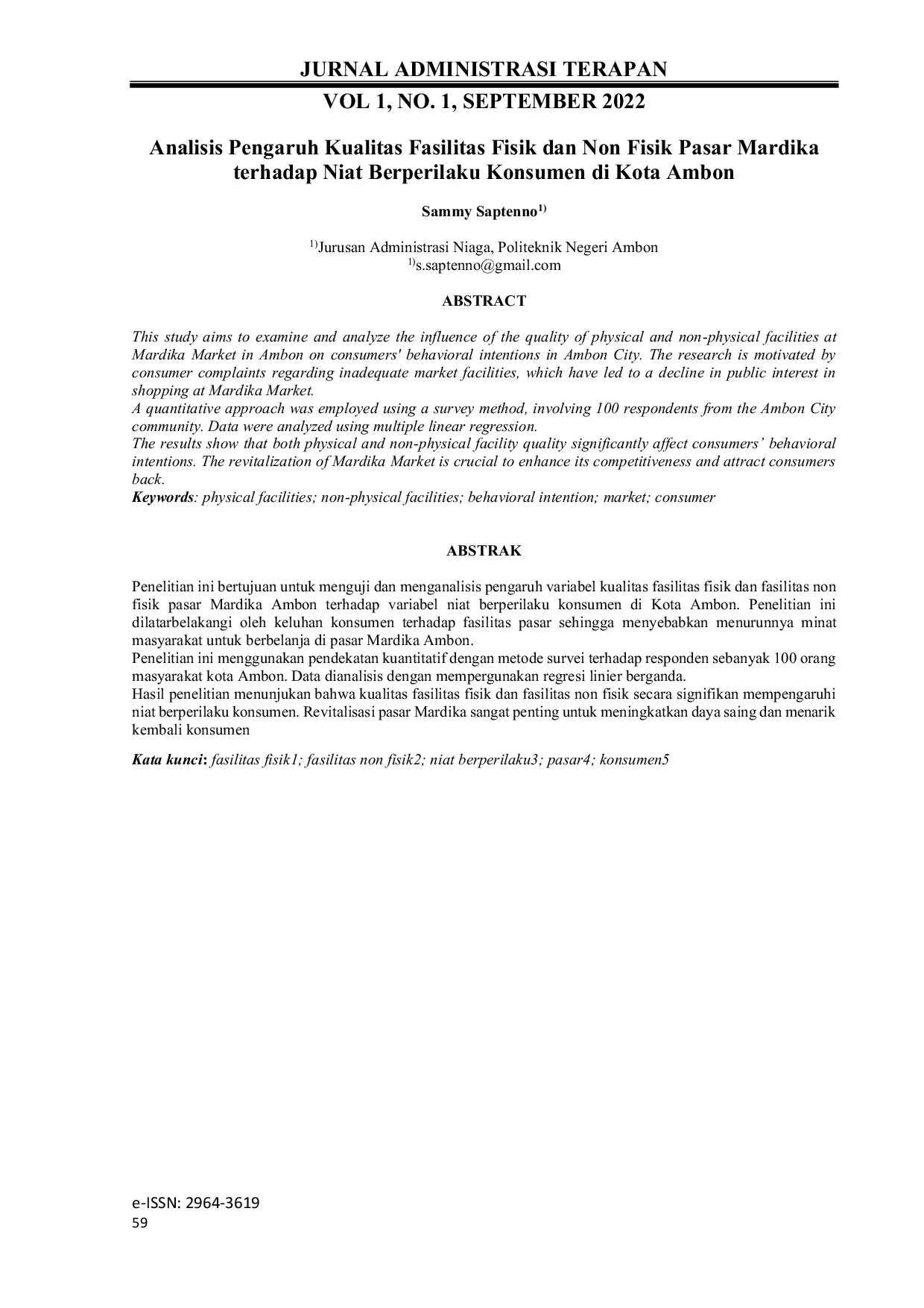 JURIS Analisis Pengaruh Kualitas Fasilitas Fisik dan Non Fisik Pasar Mardika terhadap Niat Berperilaku Konsumen di Kota Ambon