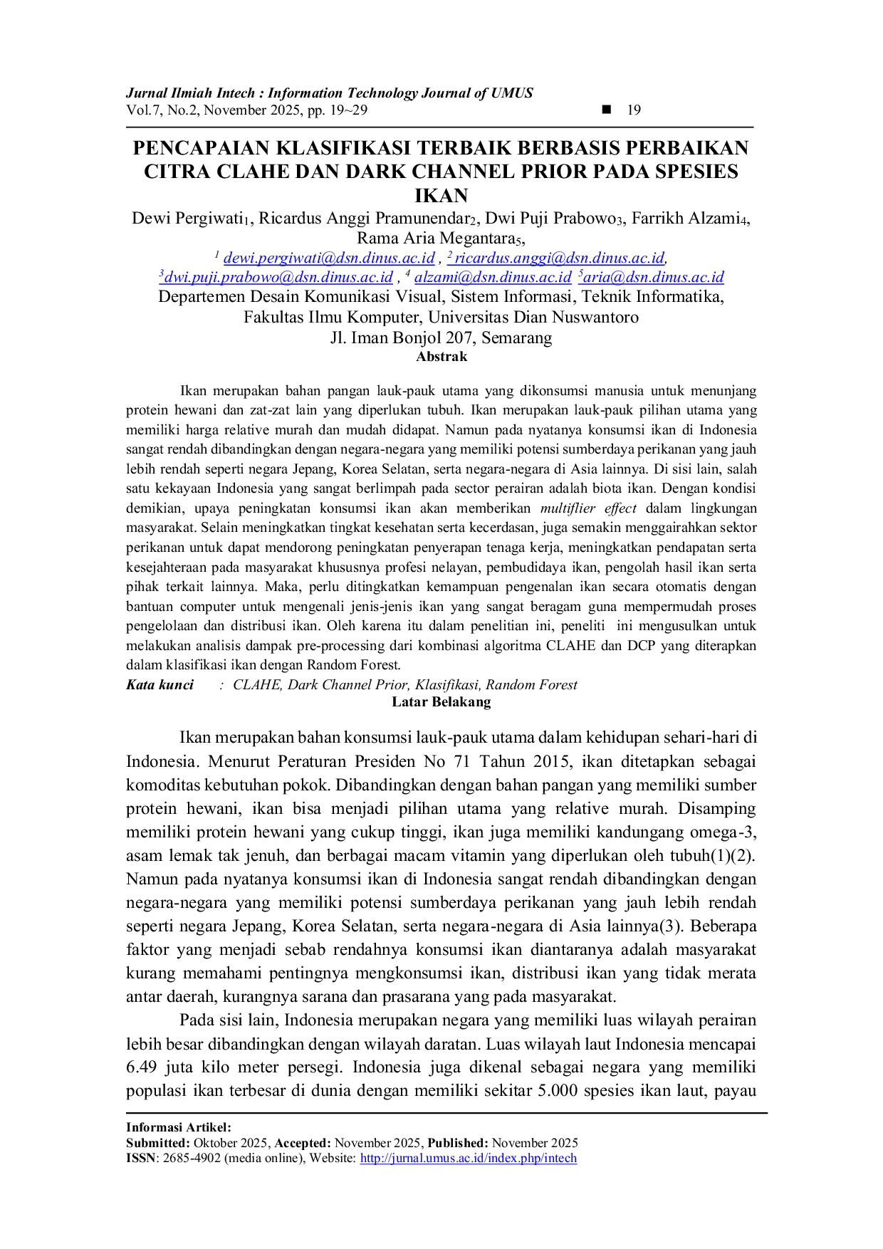 JURIS Pencapaian Klasifikasi Terbaik Berbasis Perbaikan Citra CLAHE Dan Dark Channel Prior Pada Spesies Ikan