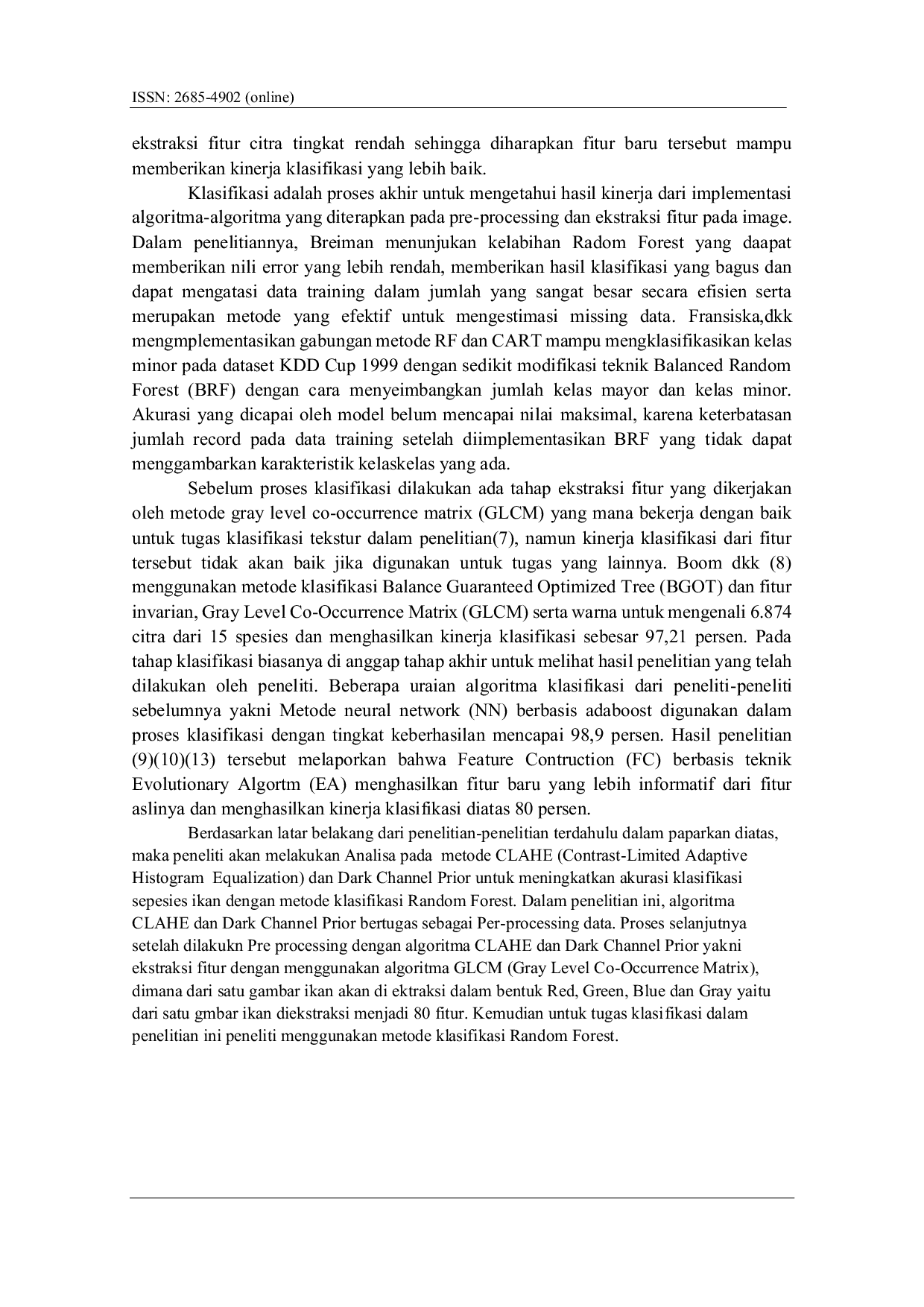 JURIS Pencapaian Klasifikasi Terbaik Berbasis Perbaikan Citra CLAHE Dan Dark Channel Prior Pada Spesies Ikan