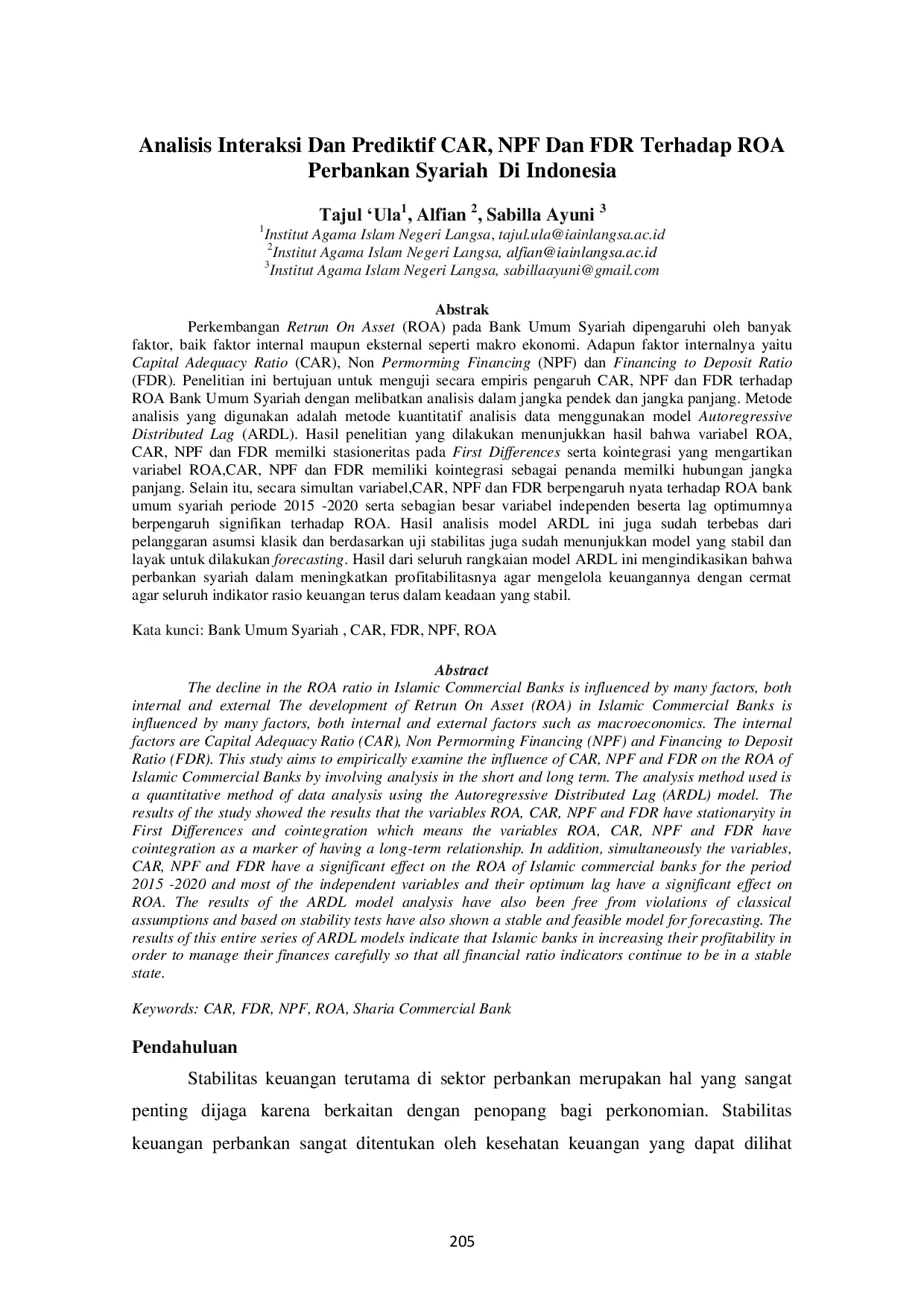 JURIS Analisis Interaksi Dan Prediktif CAR NPF Dan FDR Terhadap ROA Perbankan Syariah Di Indonesia