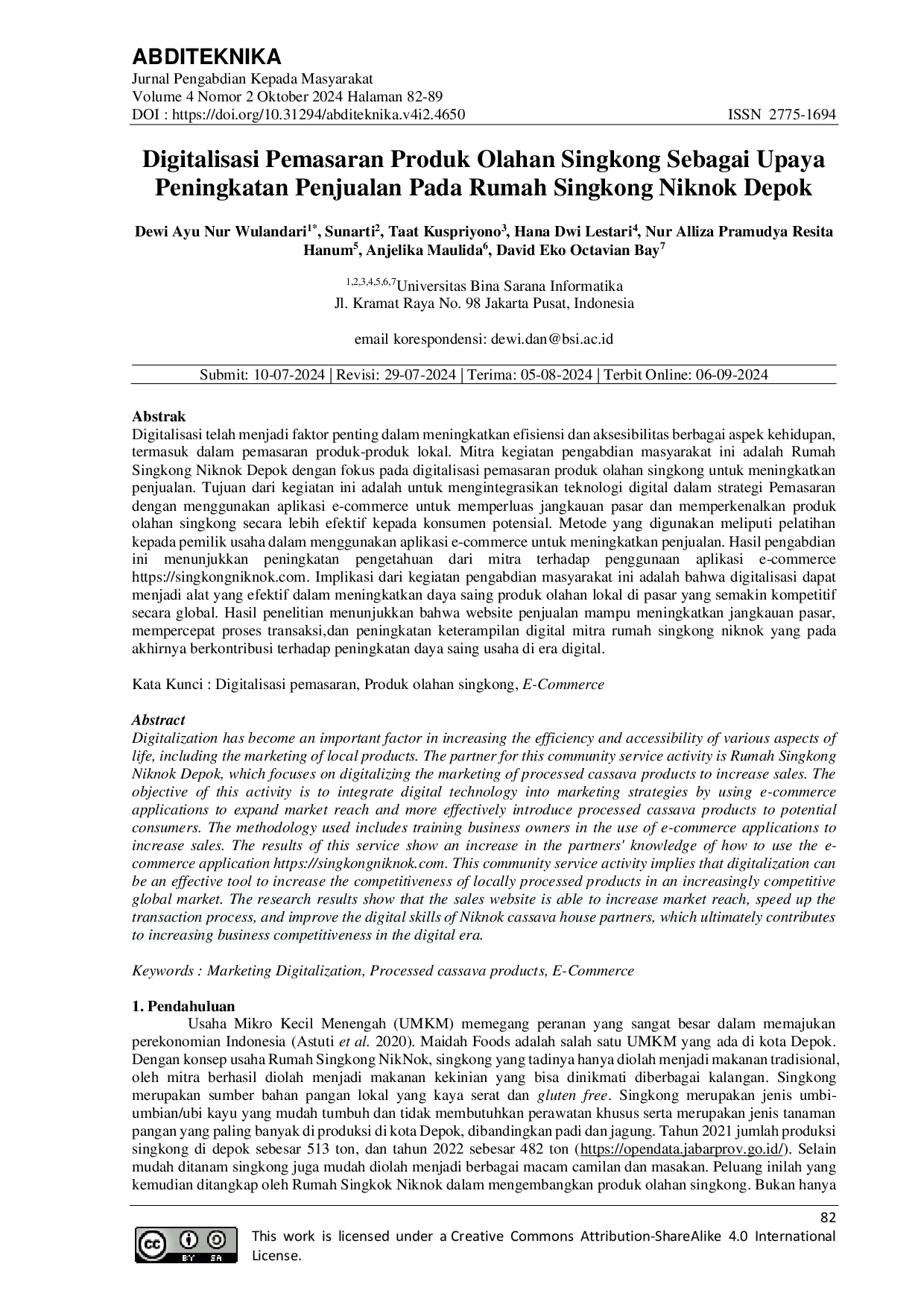 JURIS Digitalisasi Pemasaran Produk Olahan Singkong Sebagai Upaya Peningkatan Penjualan Pada Rumah Singkong Niknok Depok