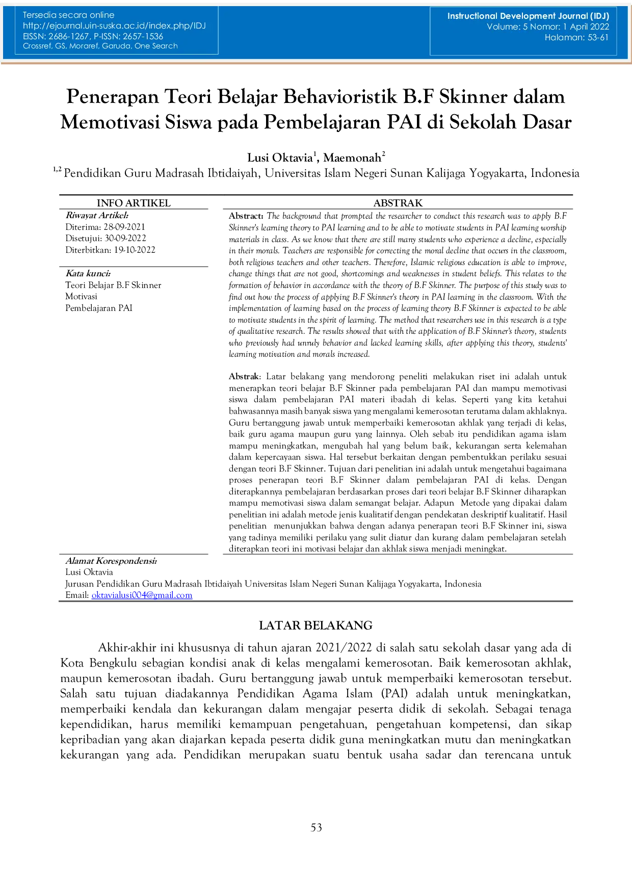 JURIS Penerapan Teori Belajar Behavioristik B F Skinner dalam Memotivasi Siswa pada Pembelajaran PAI di Sekolah Dasar