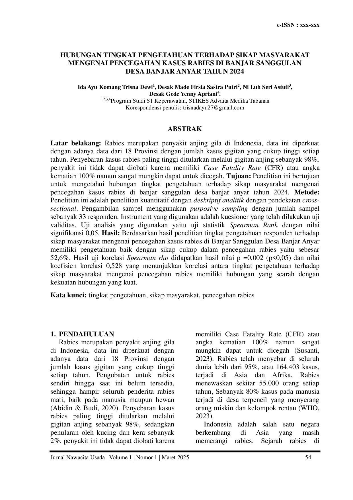 JURIS Hubungan Tingkat Pengetahuan Terhadap Sikap Masyarakat Mengenai Pencegahan Kasus Rabies di Banjar Sanggulan Desa Banjar Anyar Tahun 2024