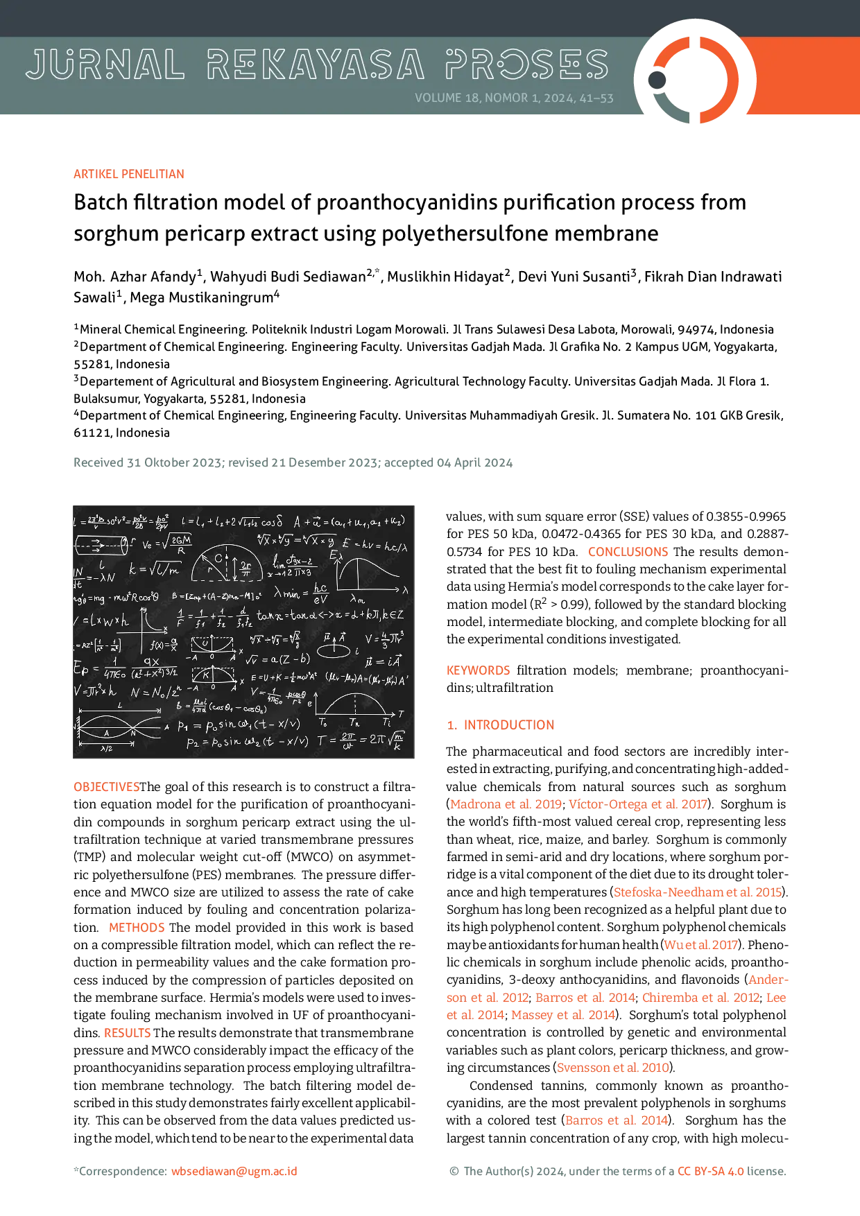 JURIS Batch Filtration Model of Proanthocyanidins Purification Process from Sorghum Pericarp Extract Using Polyethersulfone Membrane