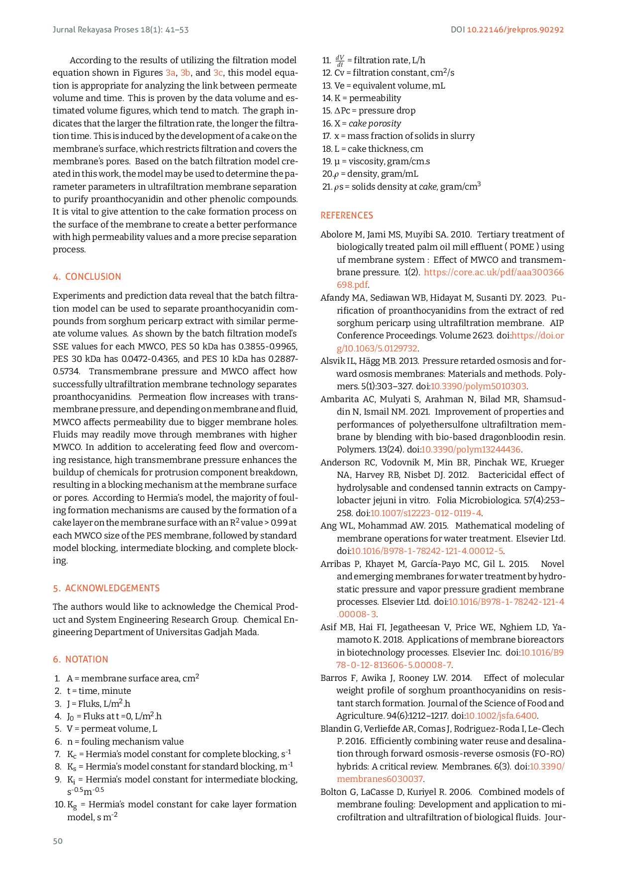 JURIS Batch Filtration Model of Proanthocyanidins Purification Process from Sorghum Pericarp Extract Using Polyethersulfone Membrane