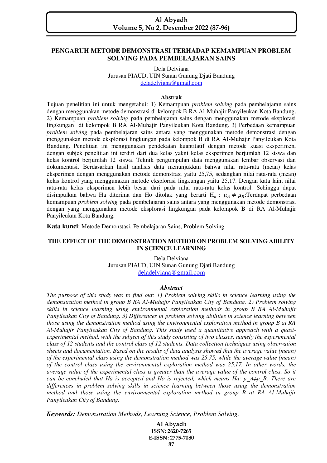 JURIS PENGARUH METODE DEMONSTRASI TERHADAP KEMAMPUAN PROBLEM SOLVING PADA PEMBELAJARAN SAINS