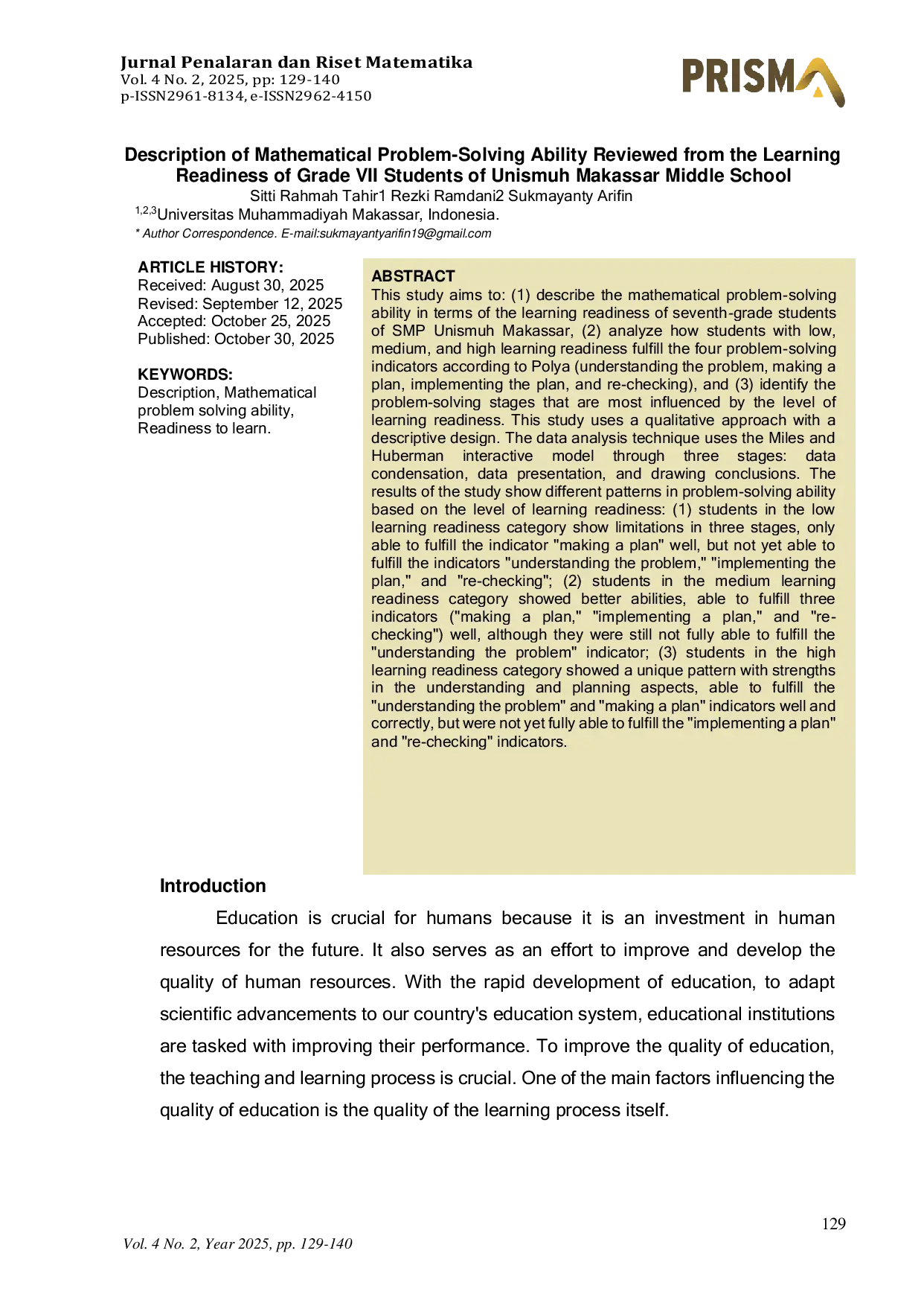 JURIS Description of Mathematical Problem Solving Ability Reviewed From the Learning Readiness of Grade Vii Students of Unismuh Makassar Middle School