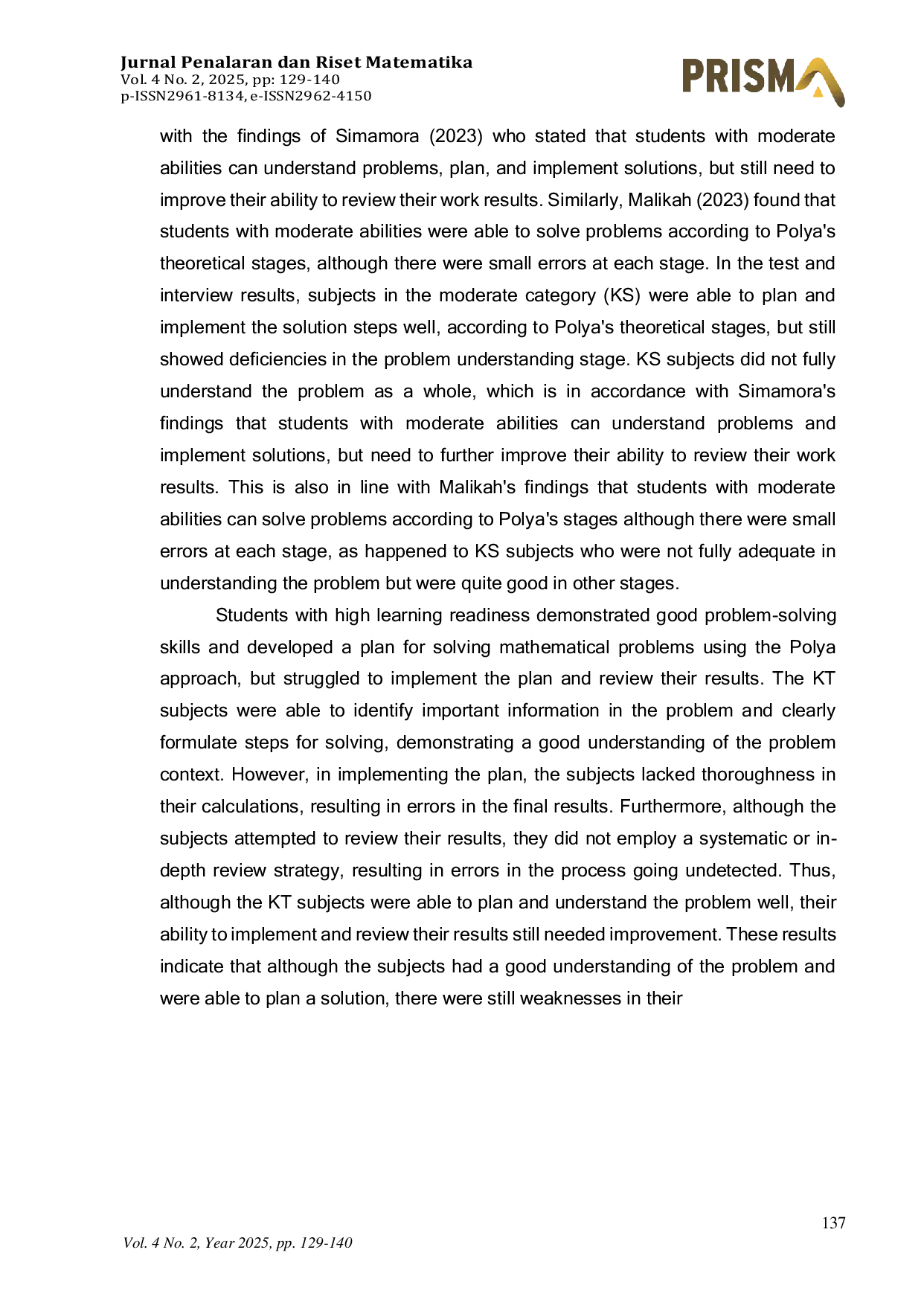 JURIS Description of Mathematical Problem Solving Ability Reviewed From the Learning Readiness of Grade Vii Students of Unismuh Makassar Middle School