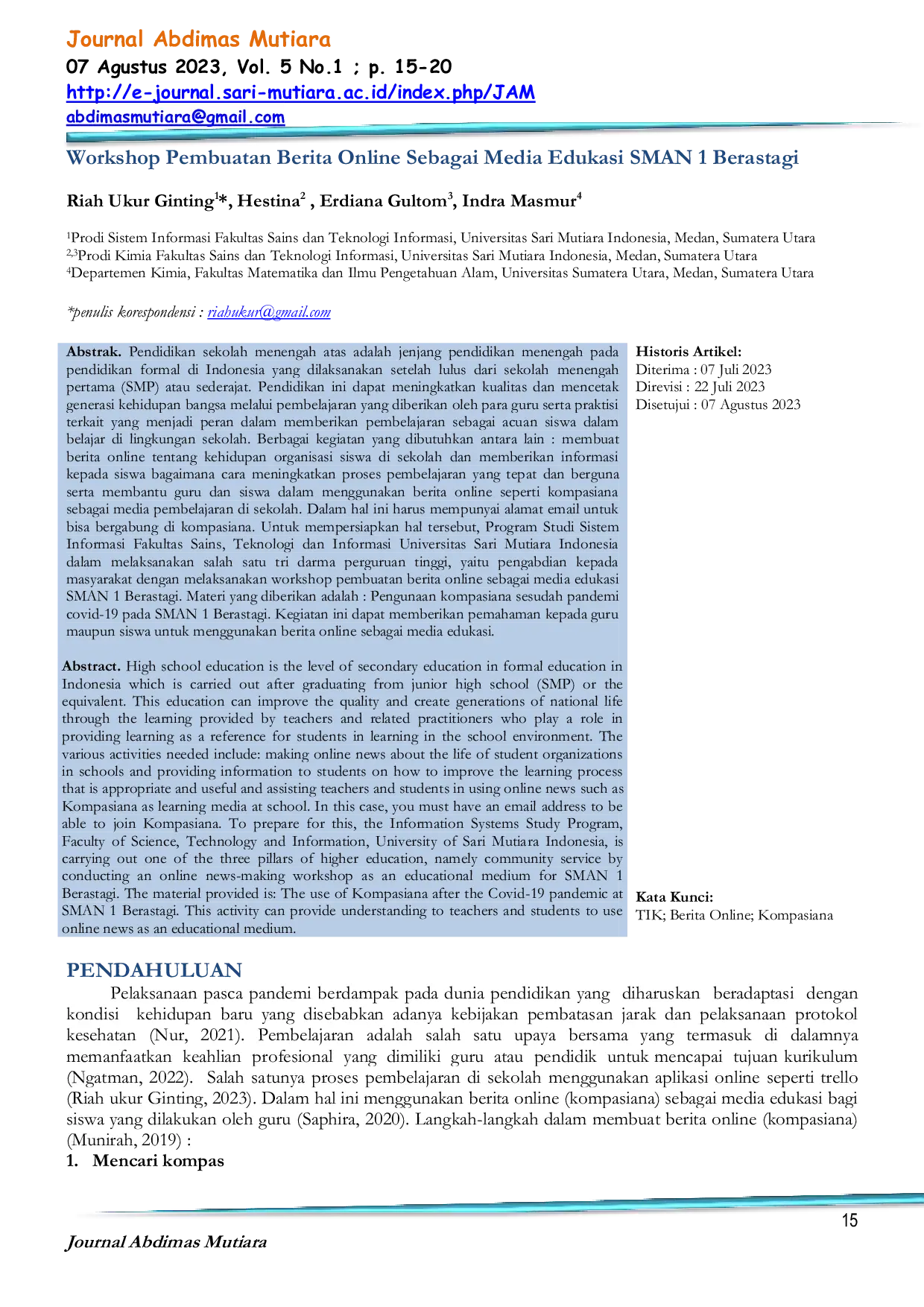 JURIS Workshop Pembuatan Berita Online Sebagai Media Edukasi SMAN 1 Berastagi