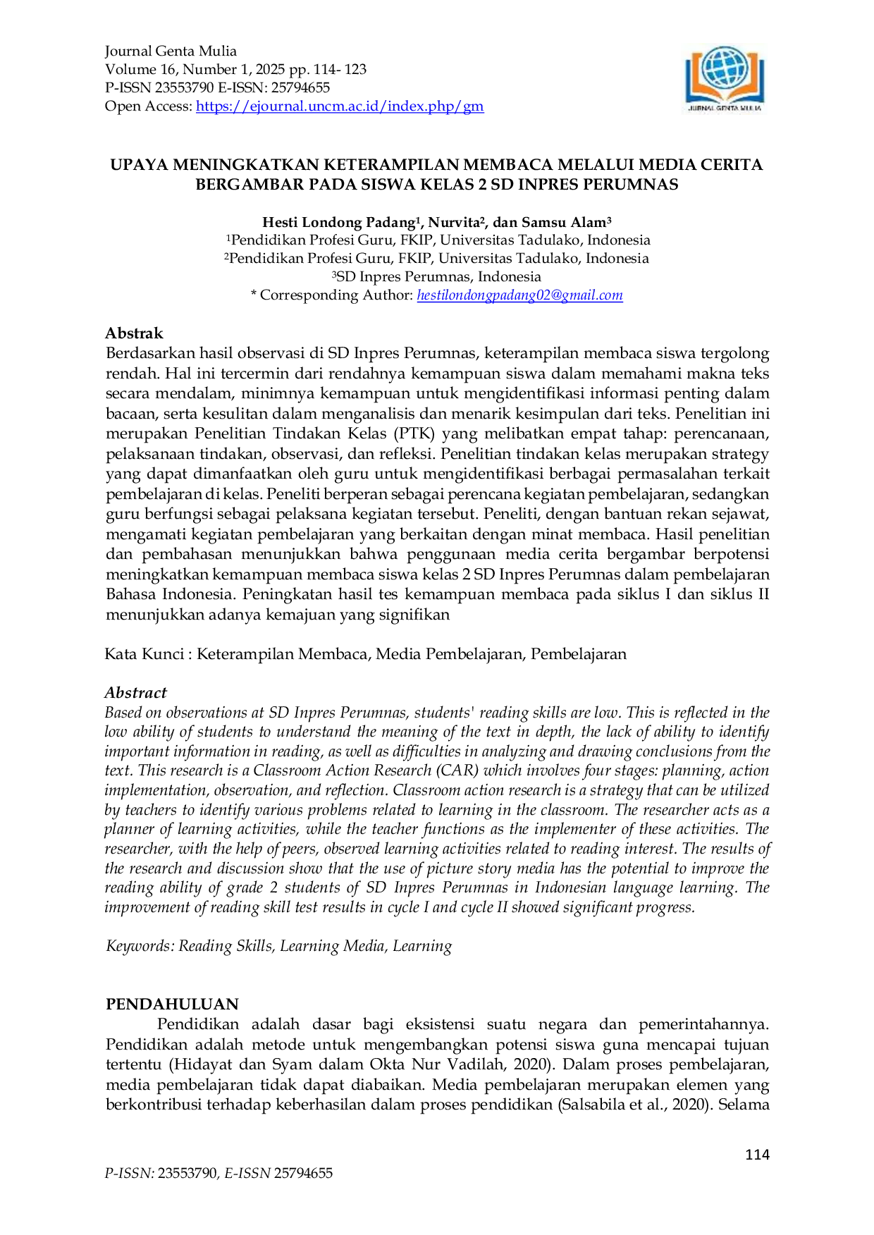 JURIS Upaya Meningkatkan Keterampilan Membaca Melalui Media Cerita Bergambar Pada Siswa Kelas 2 SD Inpres Perumnas