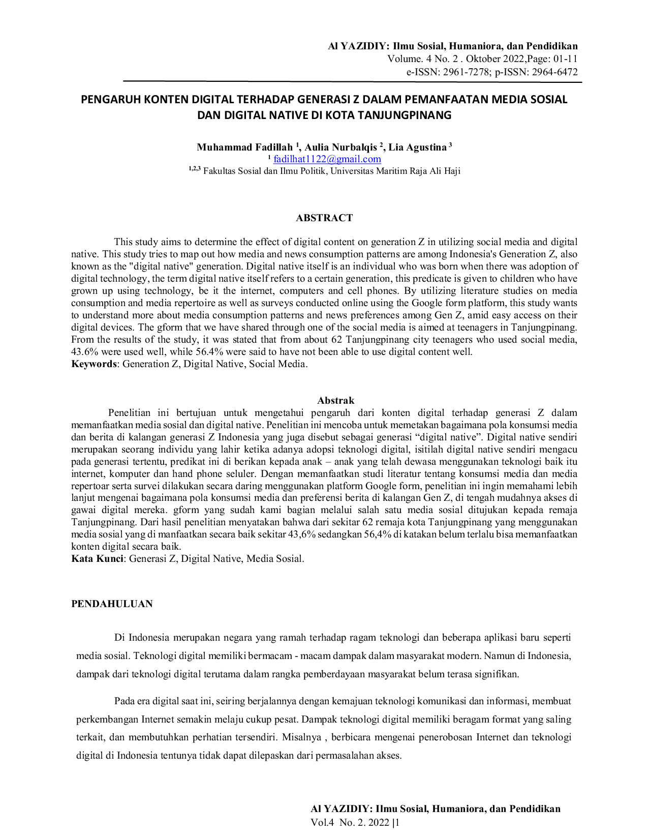 JURIS Pengaruh Konten Digital Terhadap Generasi Z Dalam Pemanfaatan Media Sosial Dan Digital Native Di Kota Tanjungpinang