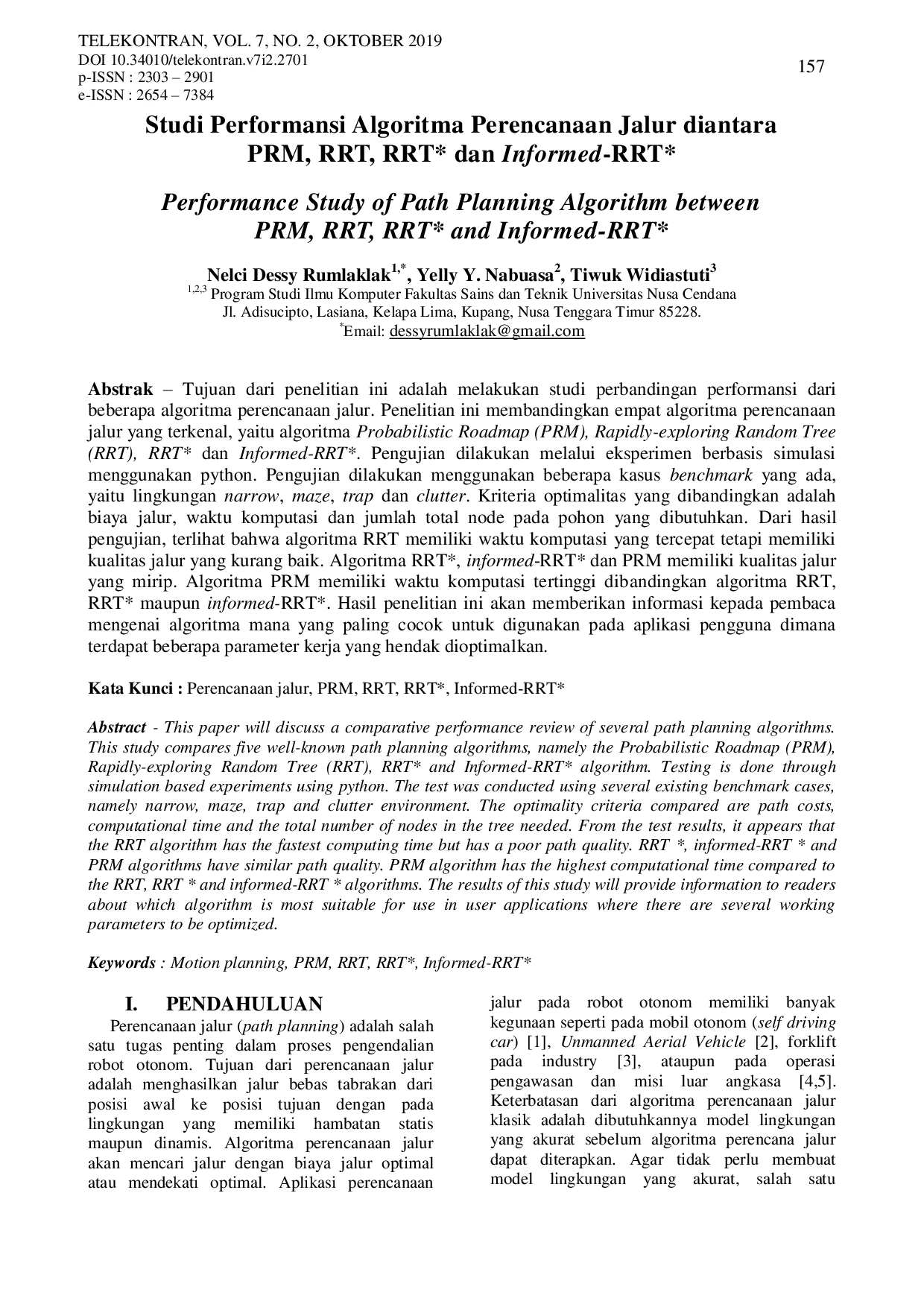 JURIS Studi Performansi Algoritma Perencanaan Jalur Diantara PRM RRT RRT Dan Informed RRT