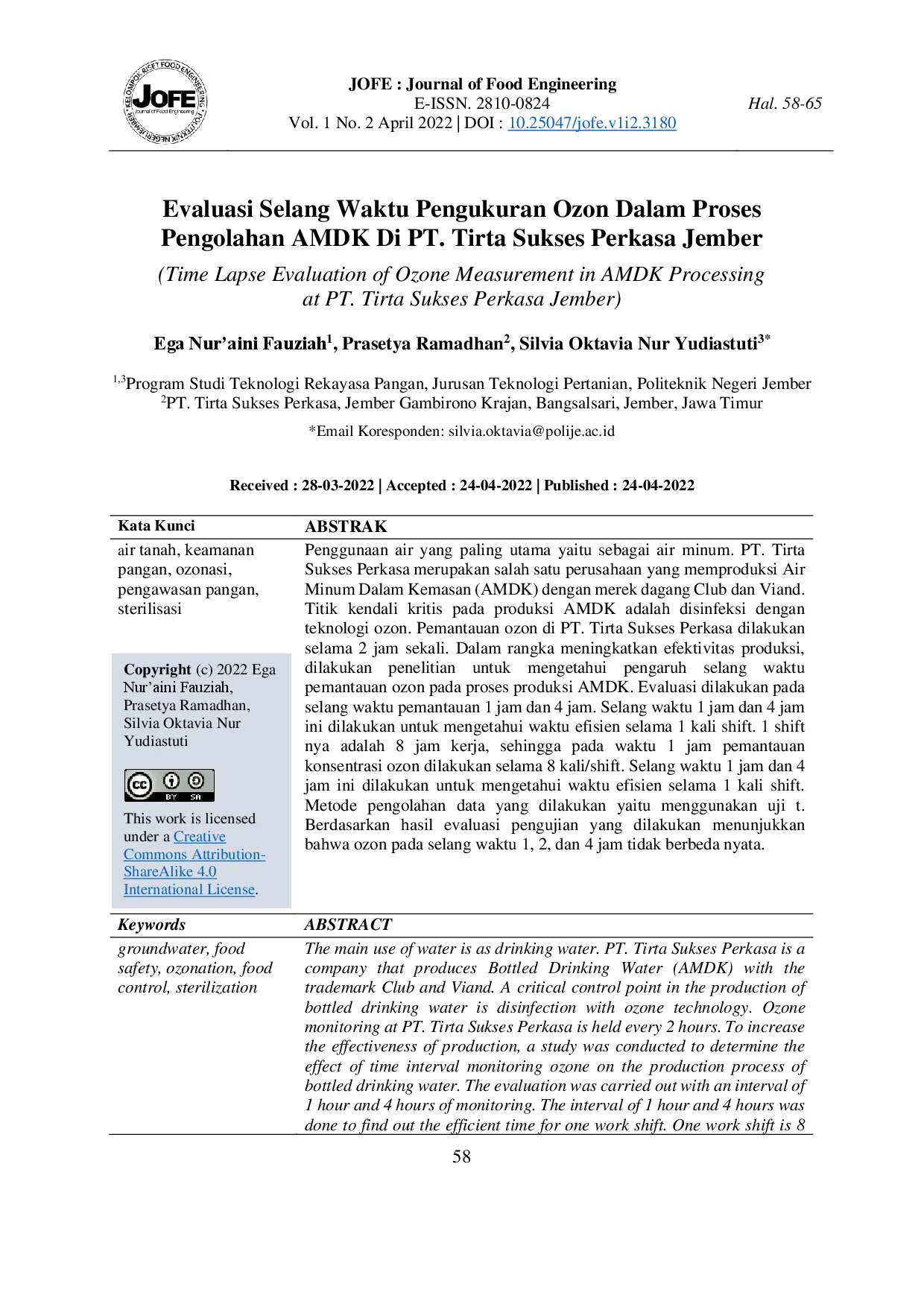 juris Evaluasi Selang Waktu Pengukuran Ozon Dalam Proses Pengolahan AMDK Di PT Tirta Sukses Perkasa Jember