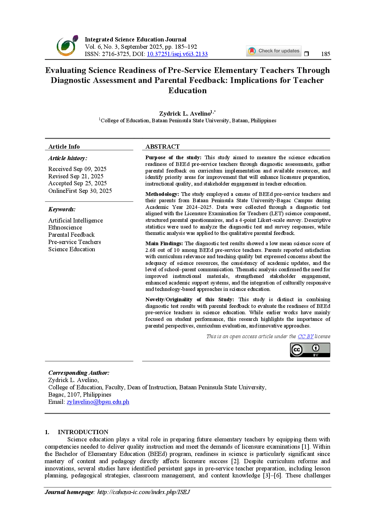 juris Evaluating Science Readiness of Pre Service Elementary Teachers Through Diagnostic Assessment and Parental Feedback Implications for Teacher Education