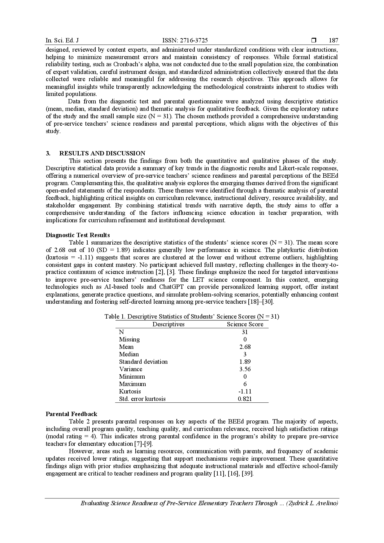 juris Evaluating Science Readiness of Pre Service Elementary Teachers Through Diagnostic Assessment and Parental Feedback Implications for Teacher Education