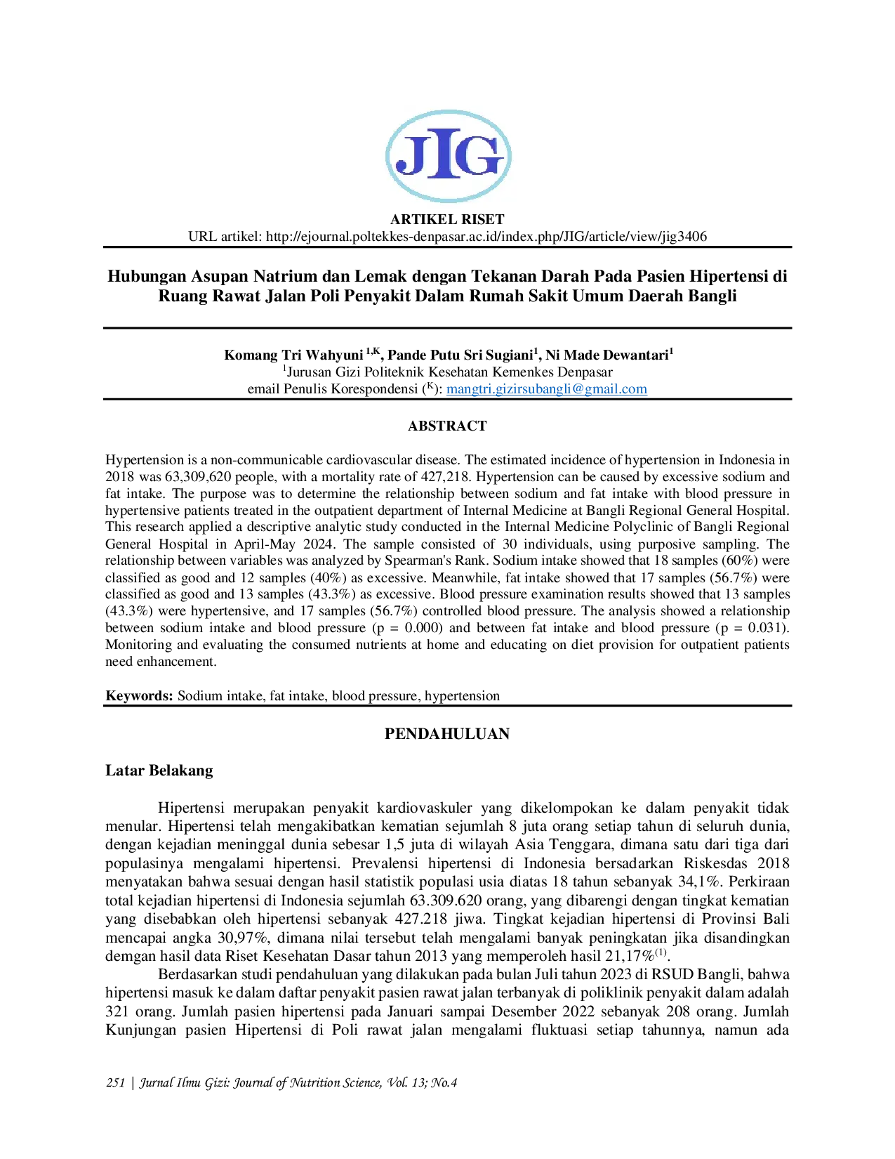 JURIS Hubungan Asupan Natrium dan Lemak dengan Tekanan Darah pada Pasien Hipertensi di Ruang Rawat Jalan Poli Penyakit Dalam Rumah Sakit Umum Daerah Bangli
