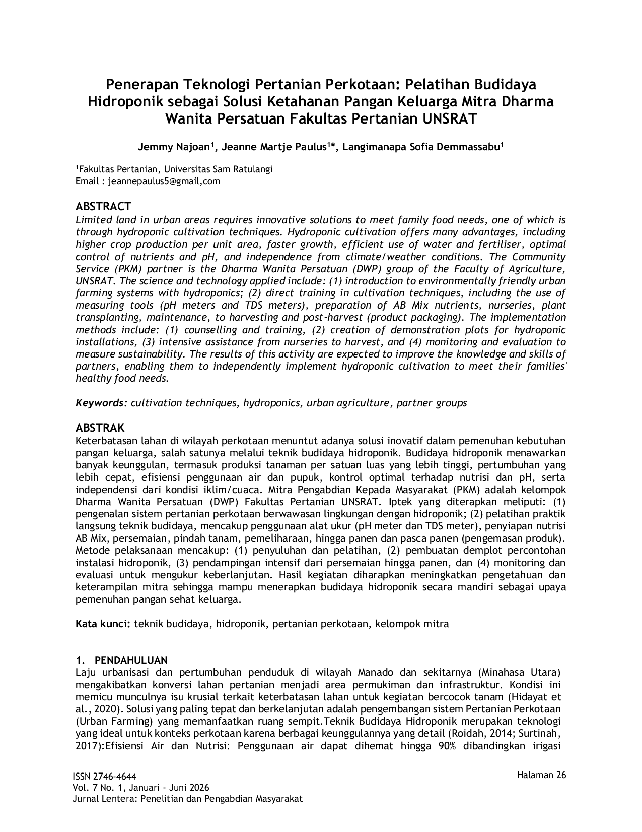 JURIS Penerapan Teknologi Pertanian Perkotaan Pelatihan Budidaya Hidroponik sebagai Solusi Ketahanan Pangan Keluarga Mitra Dharma Wanita Persatuan Fakultas Pertanian UNSRAT