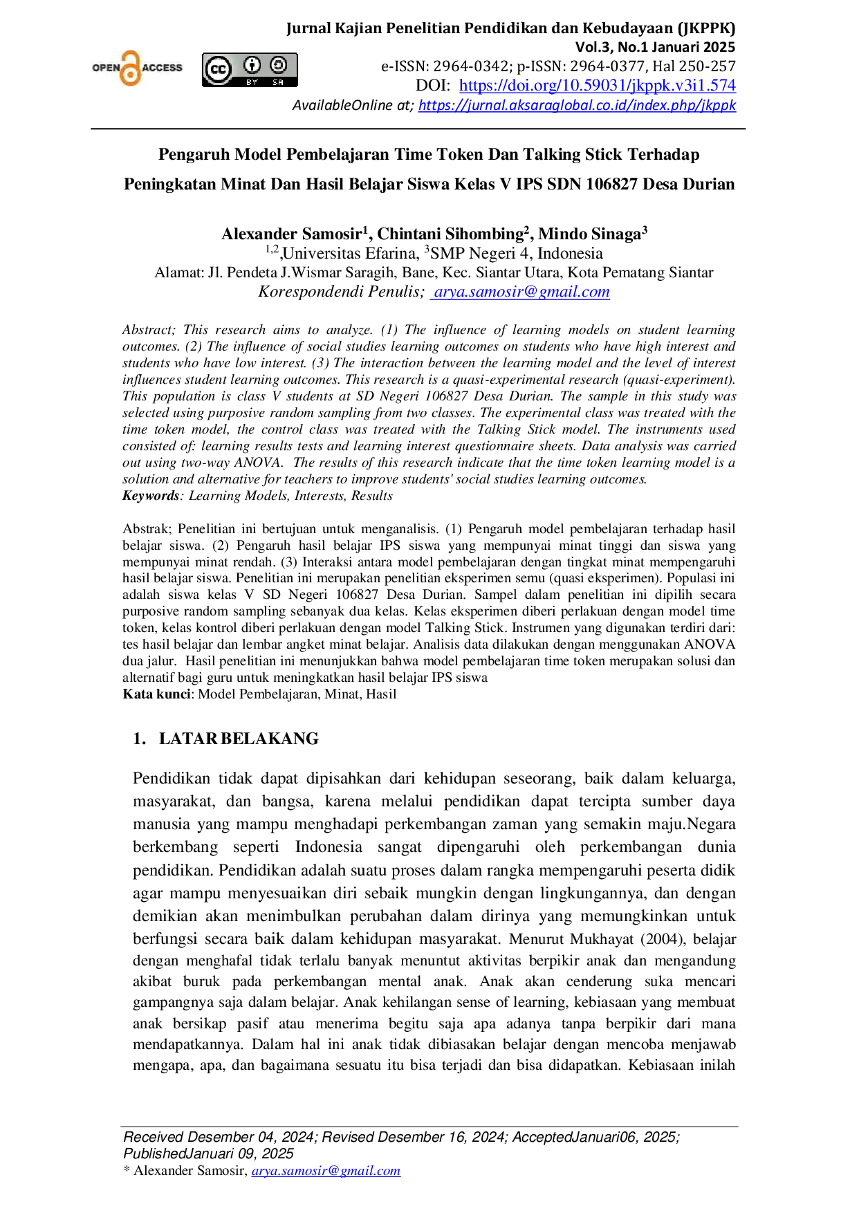 JURIS Pengaruh Model Pembelajaran Time Token Dan Talking Stick Terhadap Peningkatan Minat Dan Hasil Belajar Siswa Kelas V IPS SDN 106827 Desa Durian