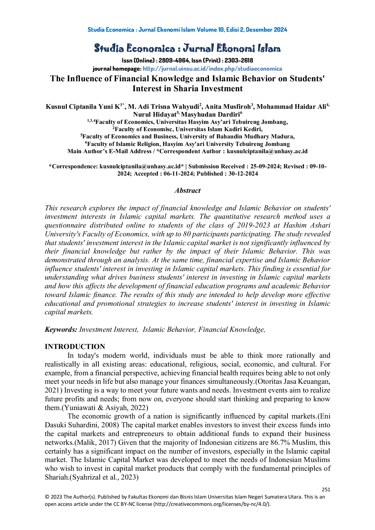 JURIS The Influence of Financial Knowledge and Islamic Behavior on Students Interest in Sharia Investment
