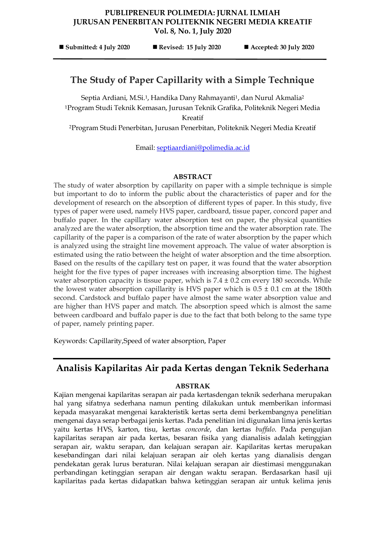 JURIS The Study of Paper Capillarity with a Simple Technique