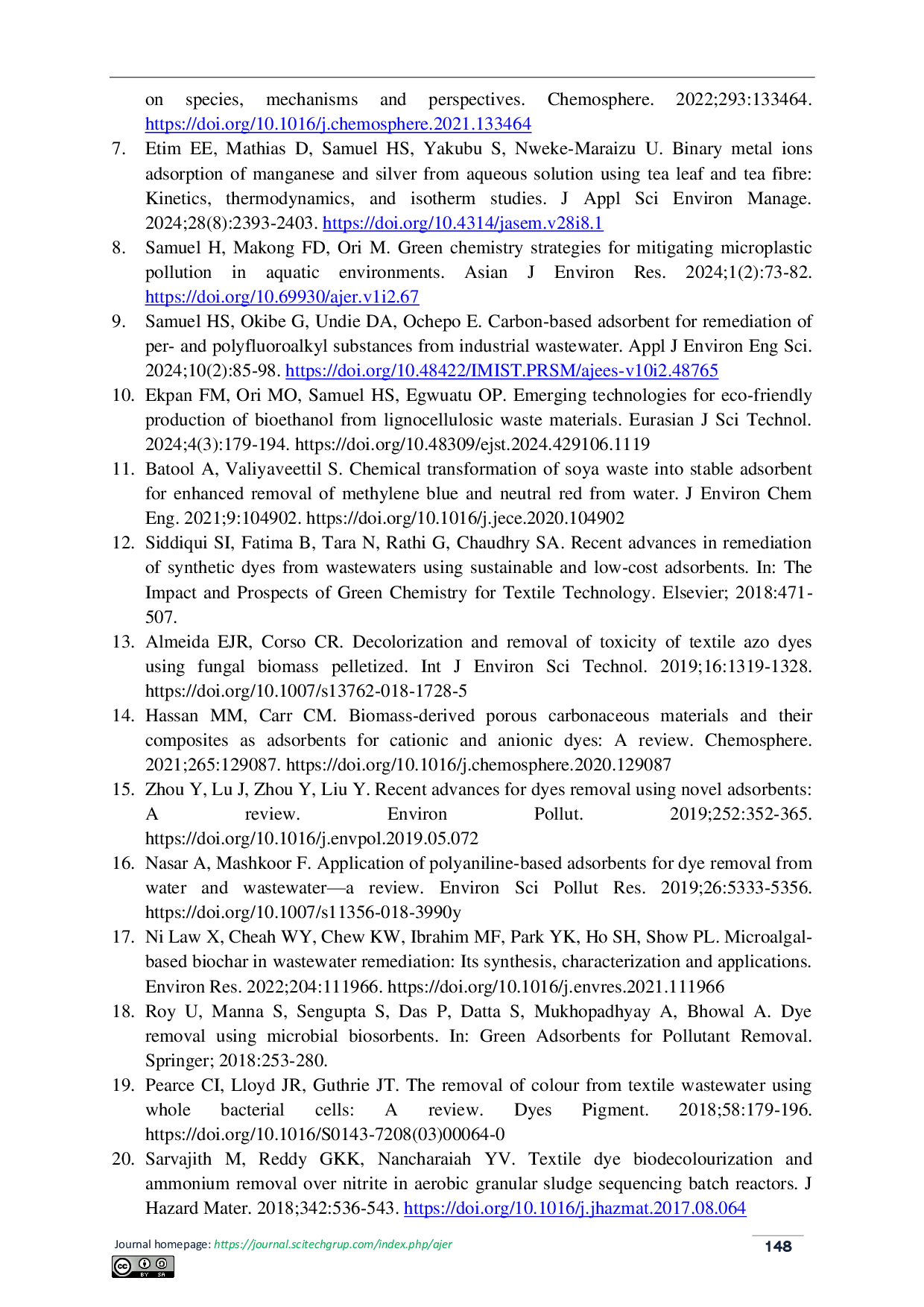 JURIS Sustainable Wastewater Treatment Recent Progress in the use of Bio Waste Derived Adsorbents for Organic Dye Removal