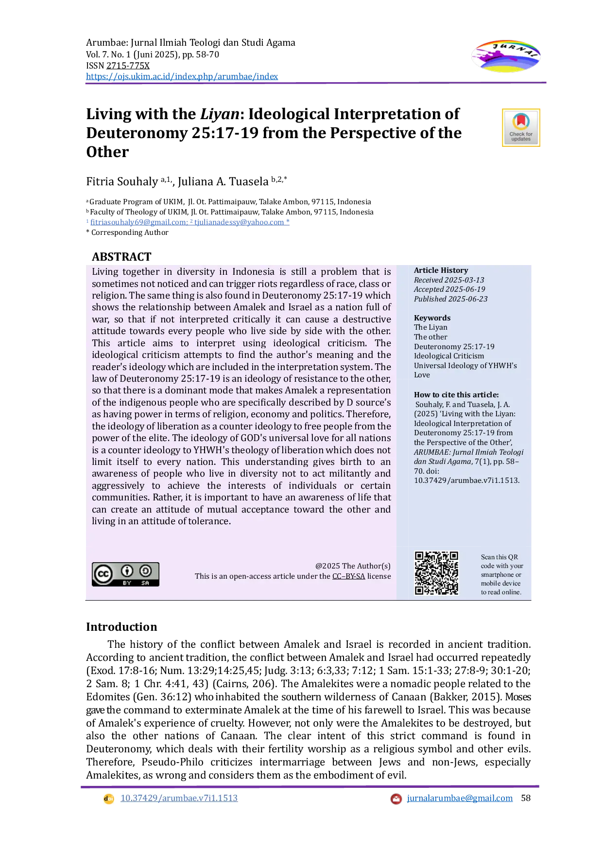 JURIS Living with the Liyan Ideological Interpretation of Deuteronomy 25 17 19 from the Perspective of the Other