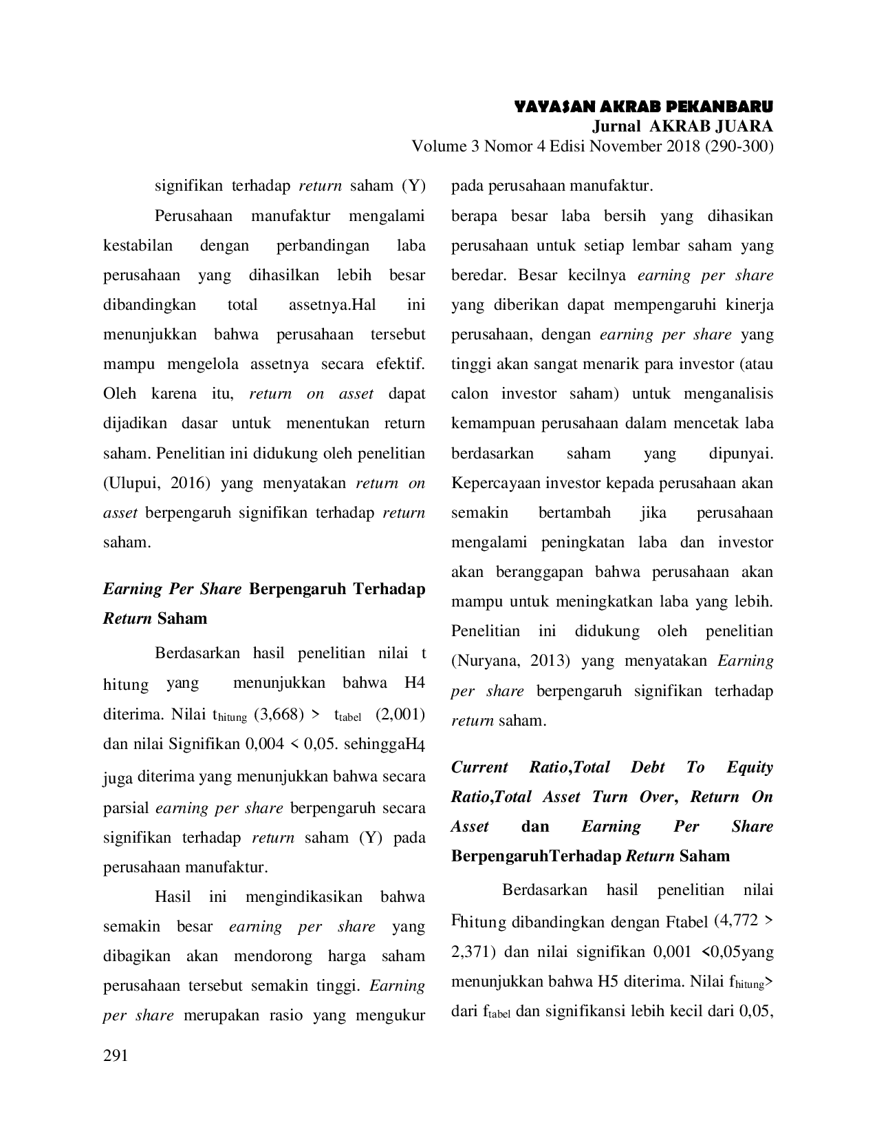 JURIS Analisis Rasio Keuangan Terhadap Return Saham Pada Perusahaan Manufaktur