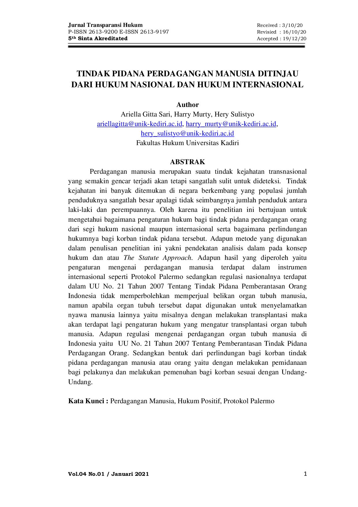 JURIS Tindak Pidana Perdagangan Manusia Ditinjau Dari Hukum Nasional Dan Hukum Internasional