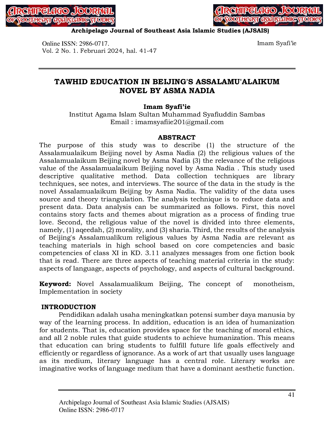 JURIS Tawhid Education In Beijing s Assalamualaikum Novel By Asma Nadia