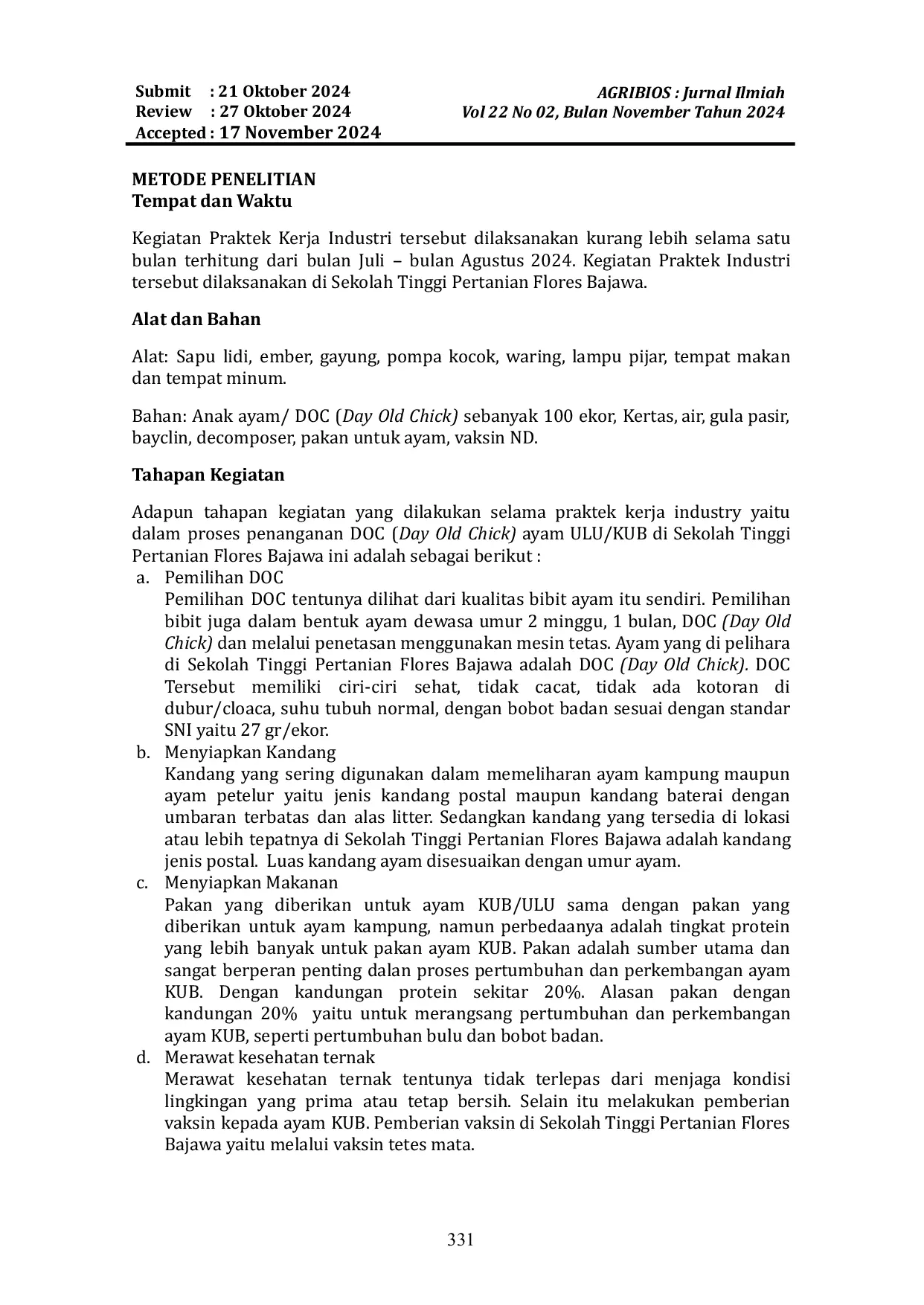JURIS PENANGANAN DOC Day Old Chicken ULU KUB DAN KESEHATAN PEMBERIAN VAKSINASI DI SEKOLAH TINGGI PERTANIAN FLORES BAJAWA