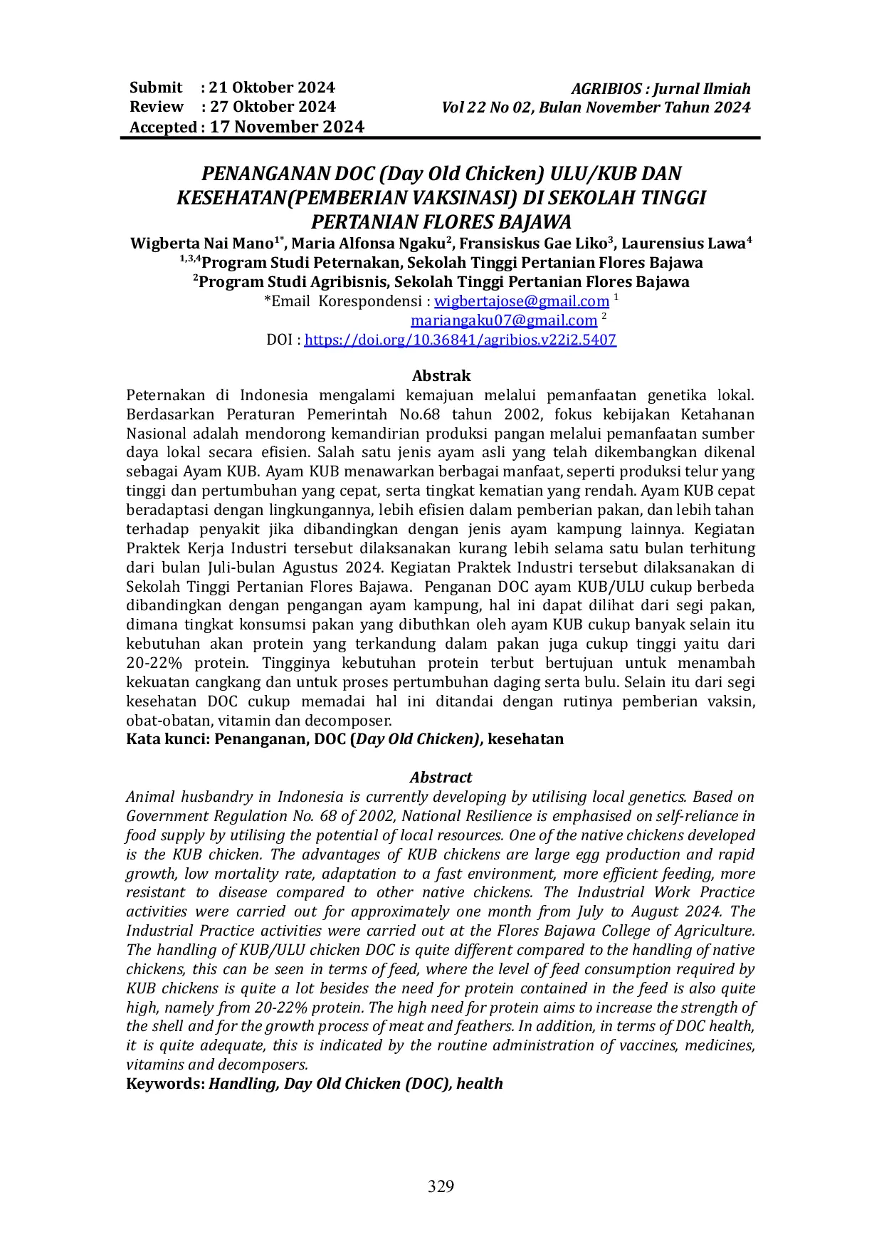 JURIS PENANGANAN DOC Day Old Chicken ULU KUB DAN KESEHATAN PEMBERIAN VAKSINASI DI SEKOLAH TINGGI PERTANIAN FLORES BAJAWA