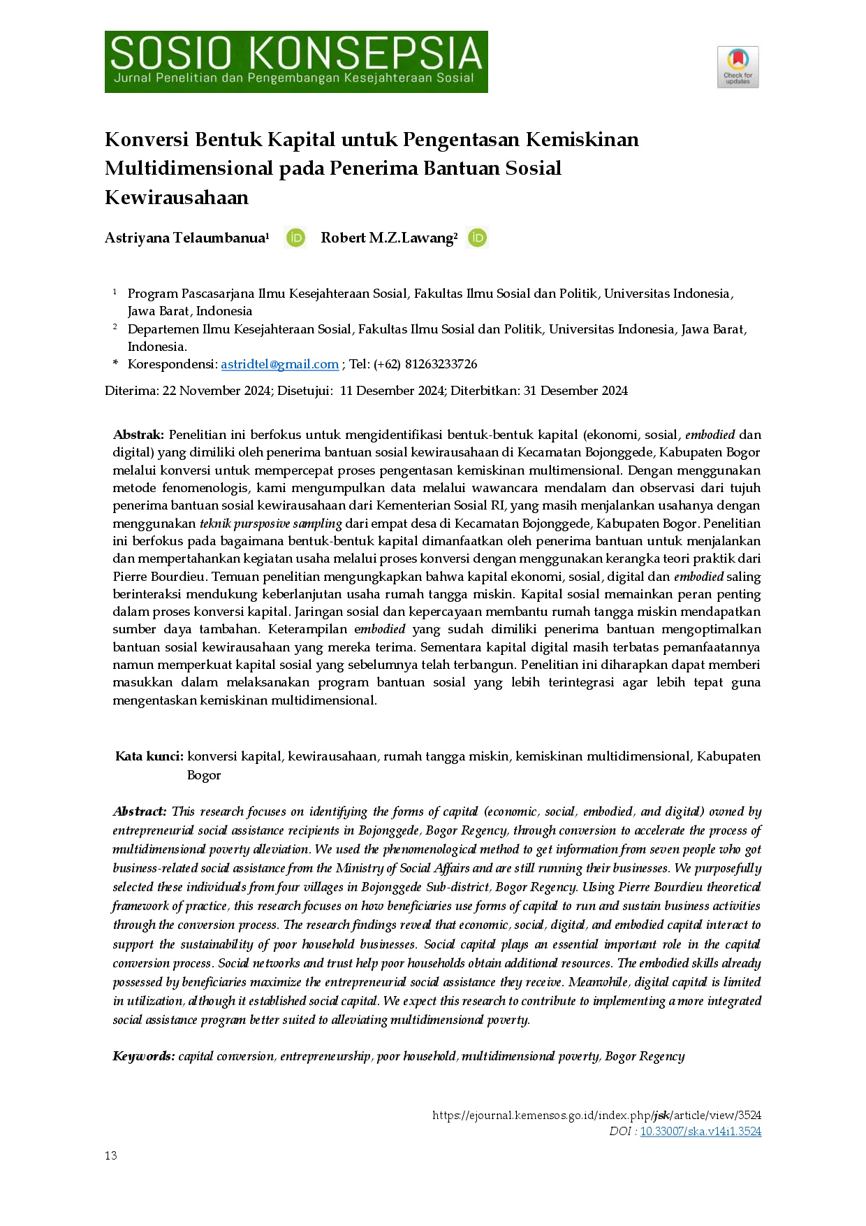 juris Konversi Bentuk Kapital Untuk Pengentasan Kemiskinan Multidimensional Pada Penerima Bantuan Sosial Kewirausahaan di Kecamatan Bojonggede Kabupaten Bogor